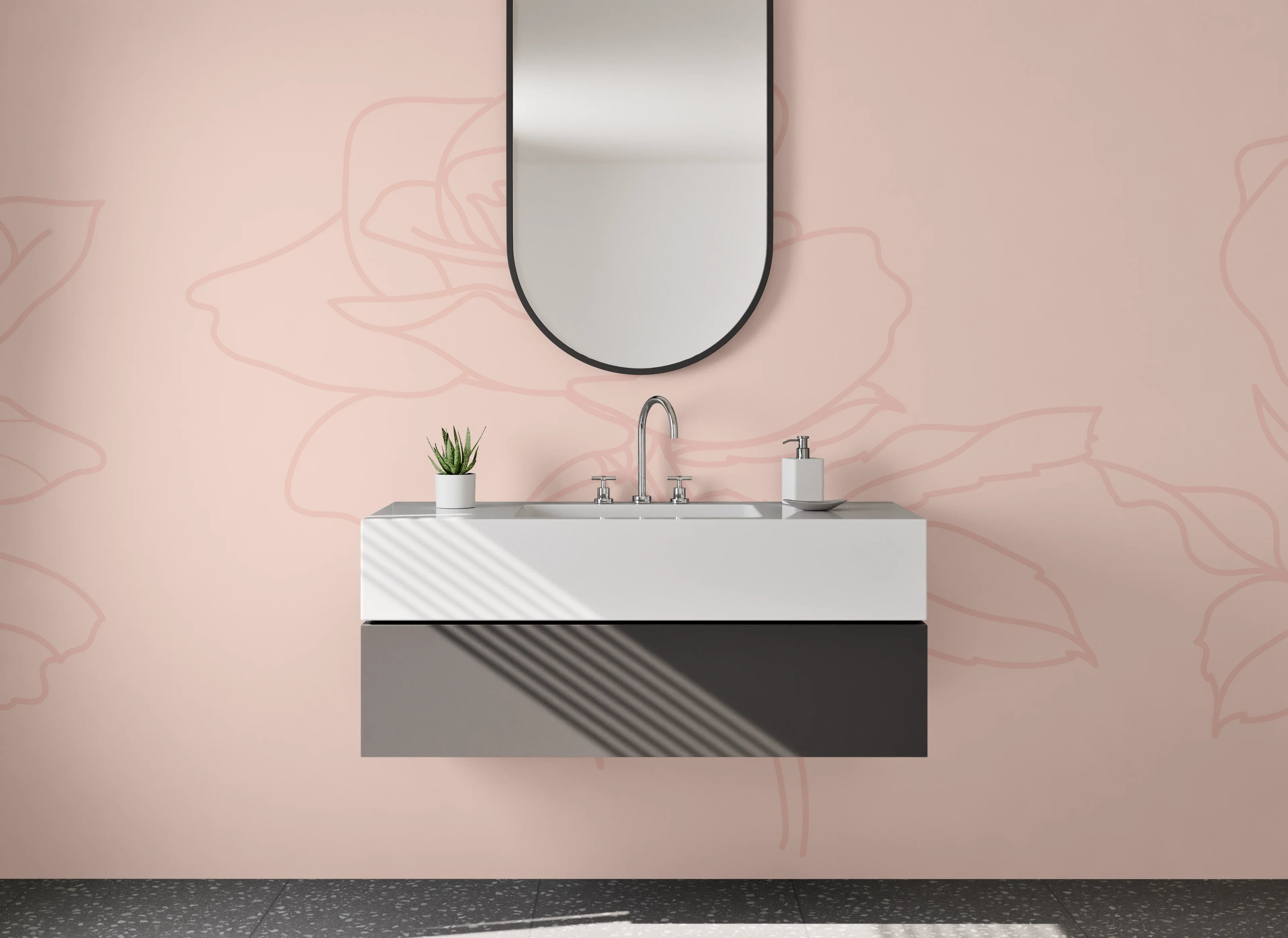 Waschbecken-Rückwand - Rosen Lineart auf zartem Rosé