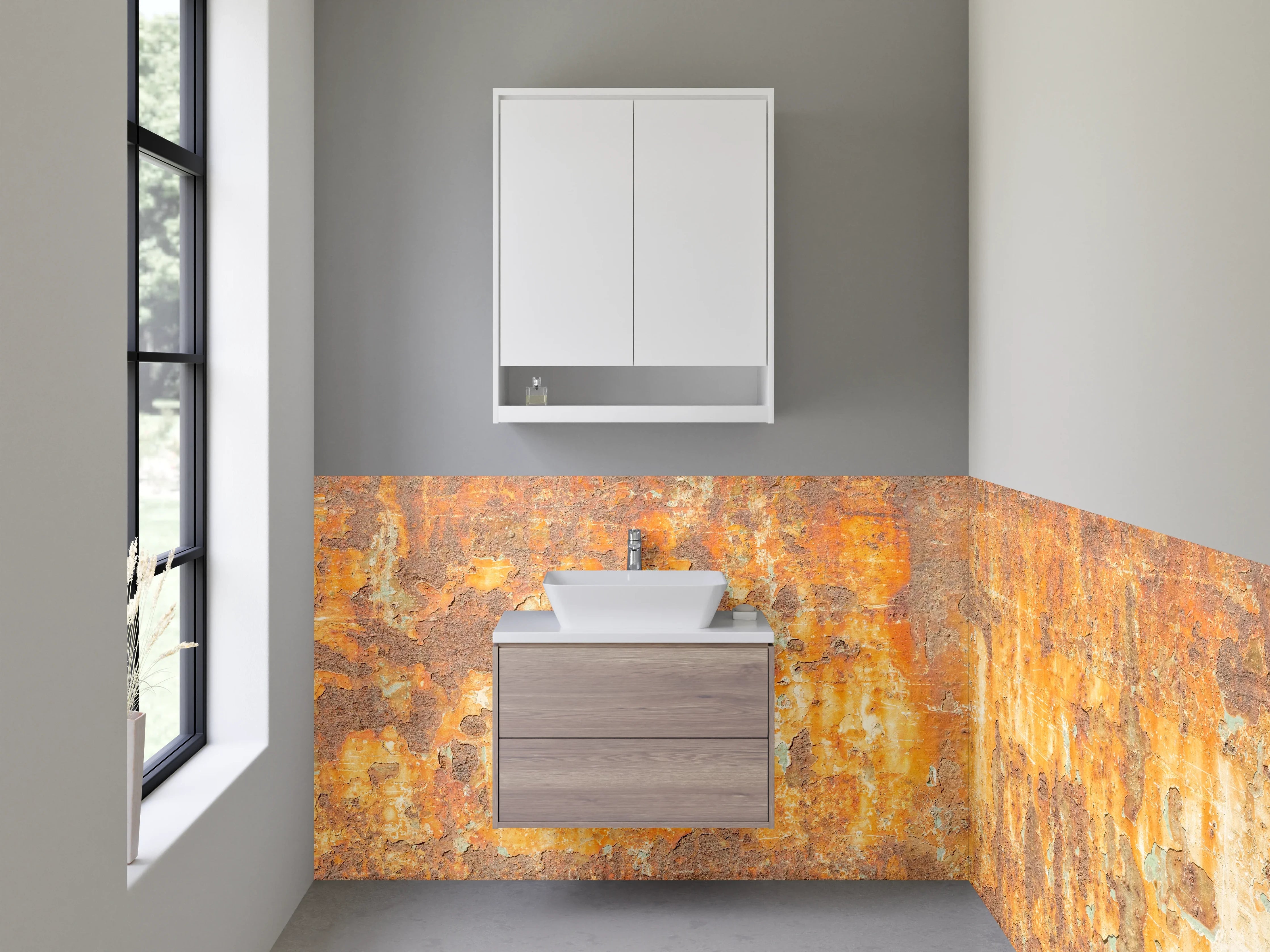 Waschbecken-Rückwand - Rostige Metallstruktur als Industrial-Dekor