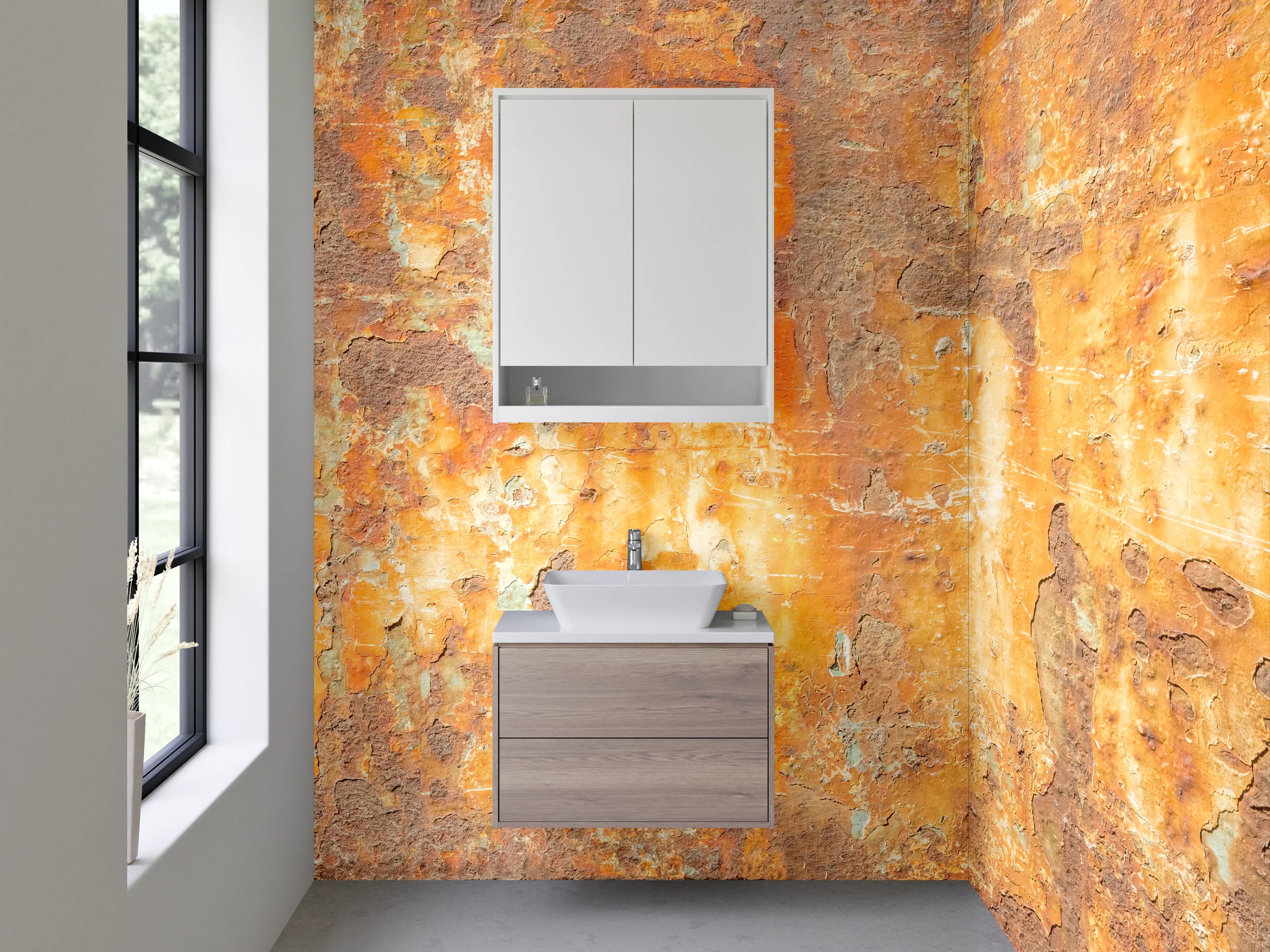 Waschbecken-Rückwand - Rostige Metallstruktur als Industrial-Dekor