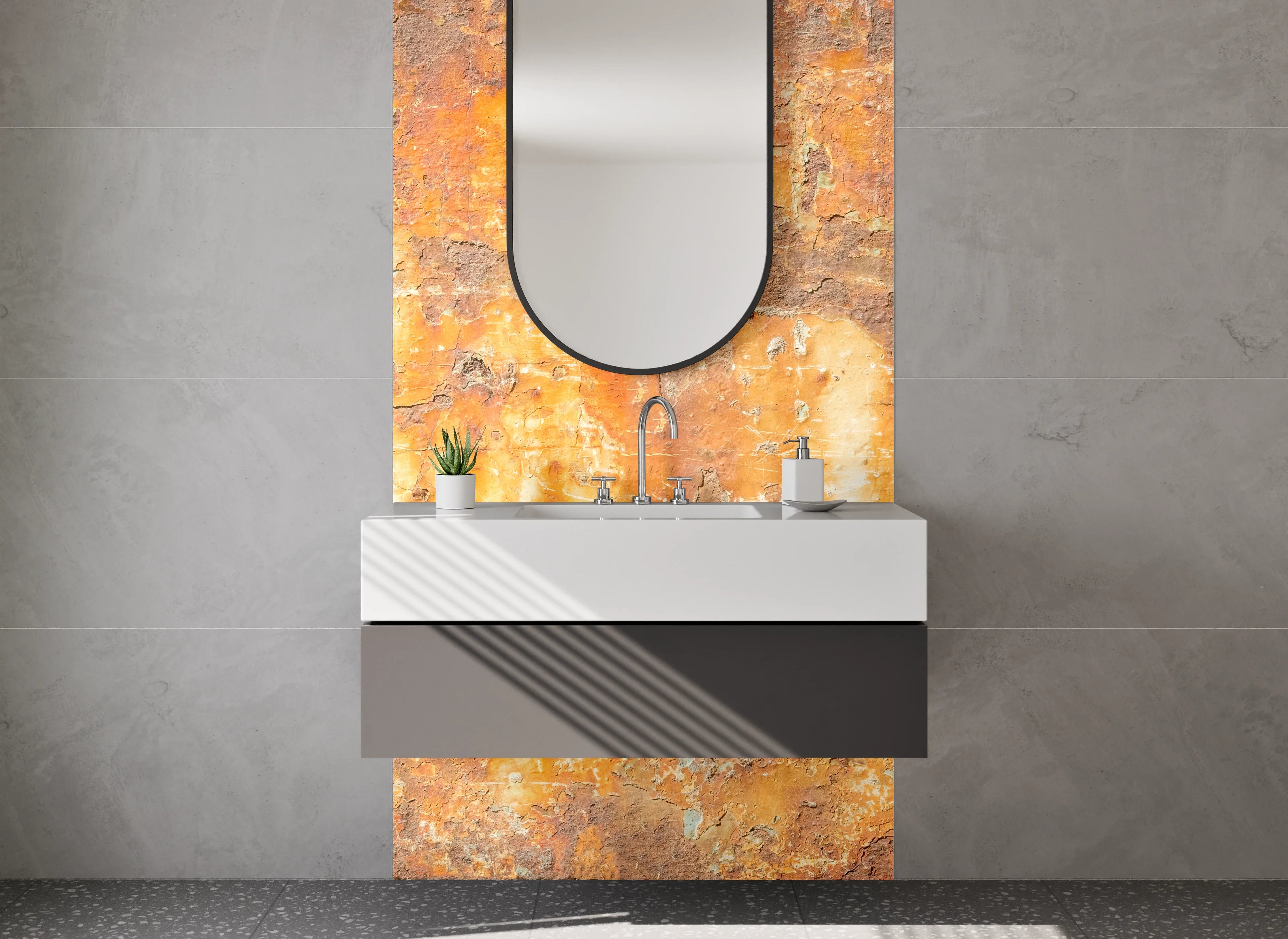 Waschbecken-Rückwand - Rostige Metallstruktur als Industrial-Dekor