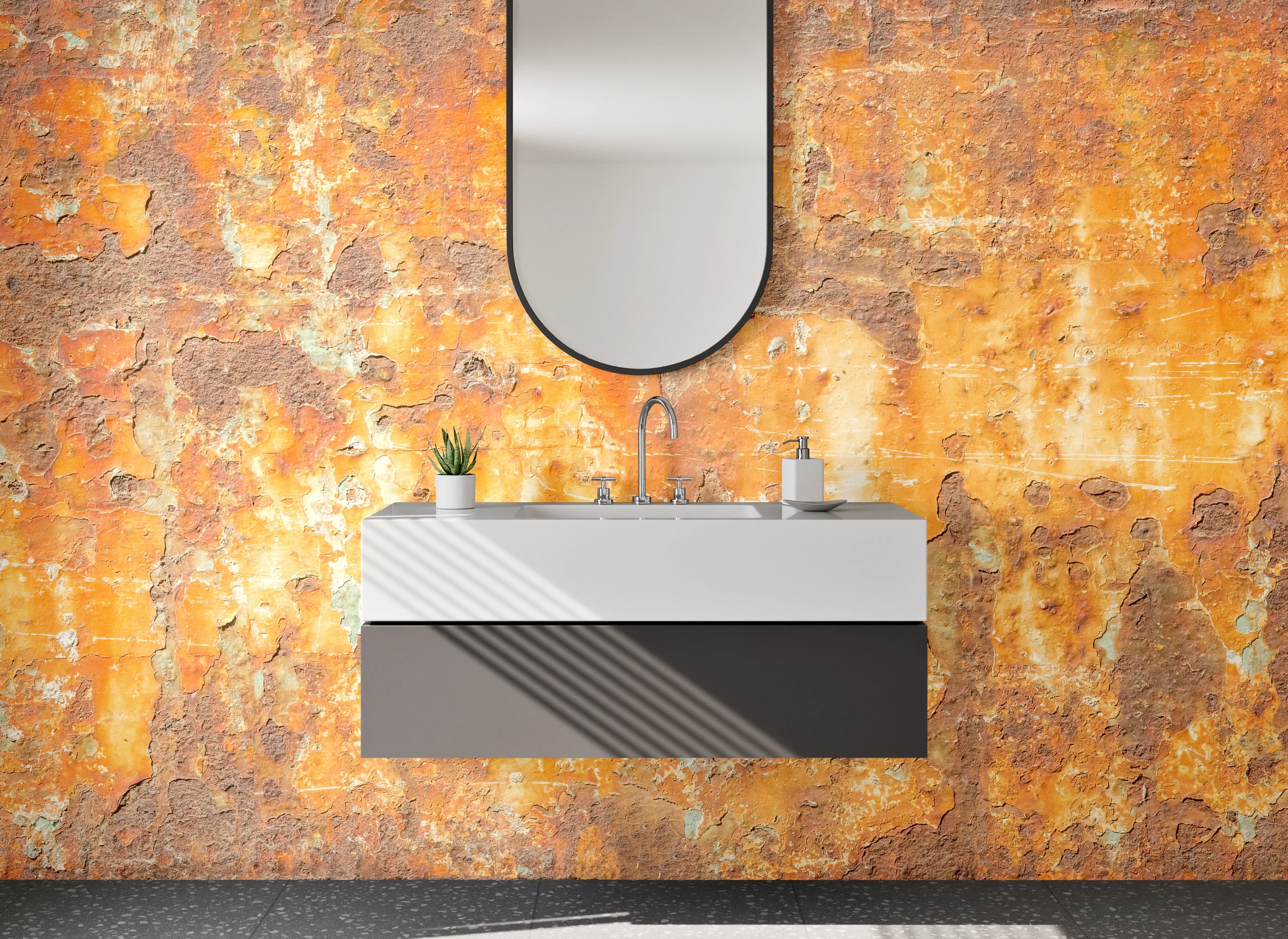 Waschbecken-Rückwand - Rostige Metallstruktur als Industrial-Dekor