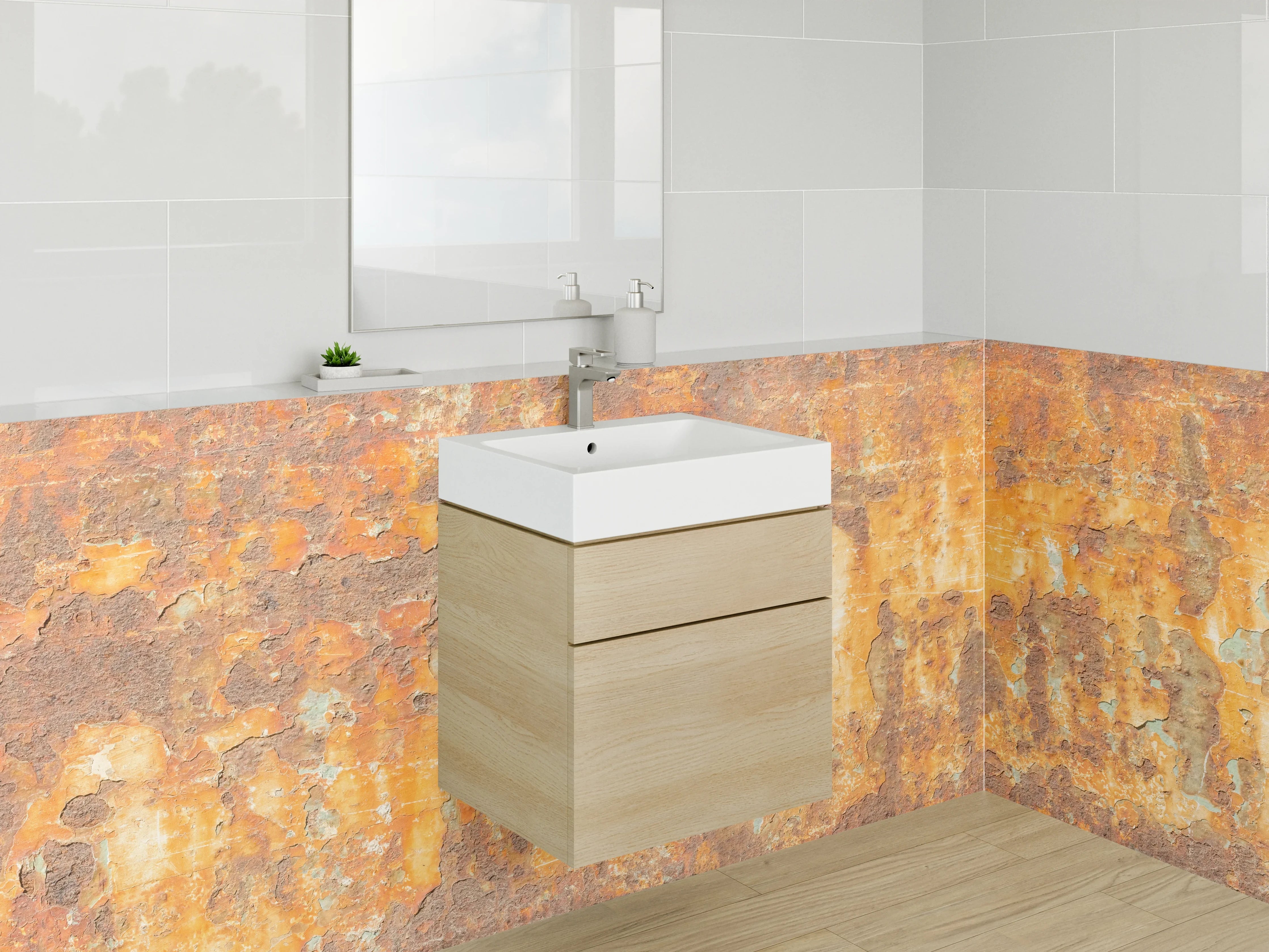 Waschbecken-Rückwand - Rostige Metallstruktur als Industrial-Dekor