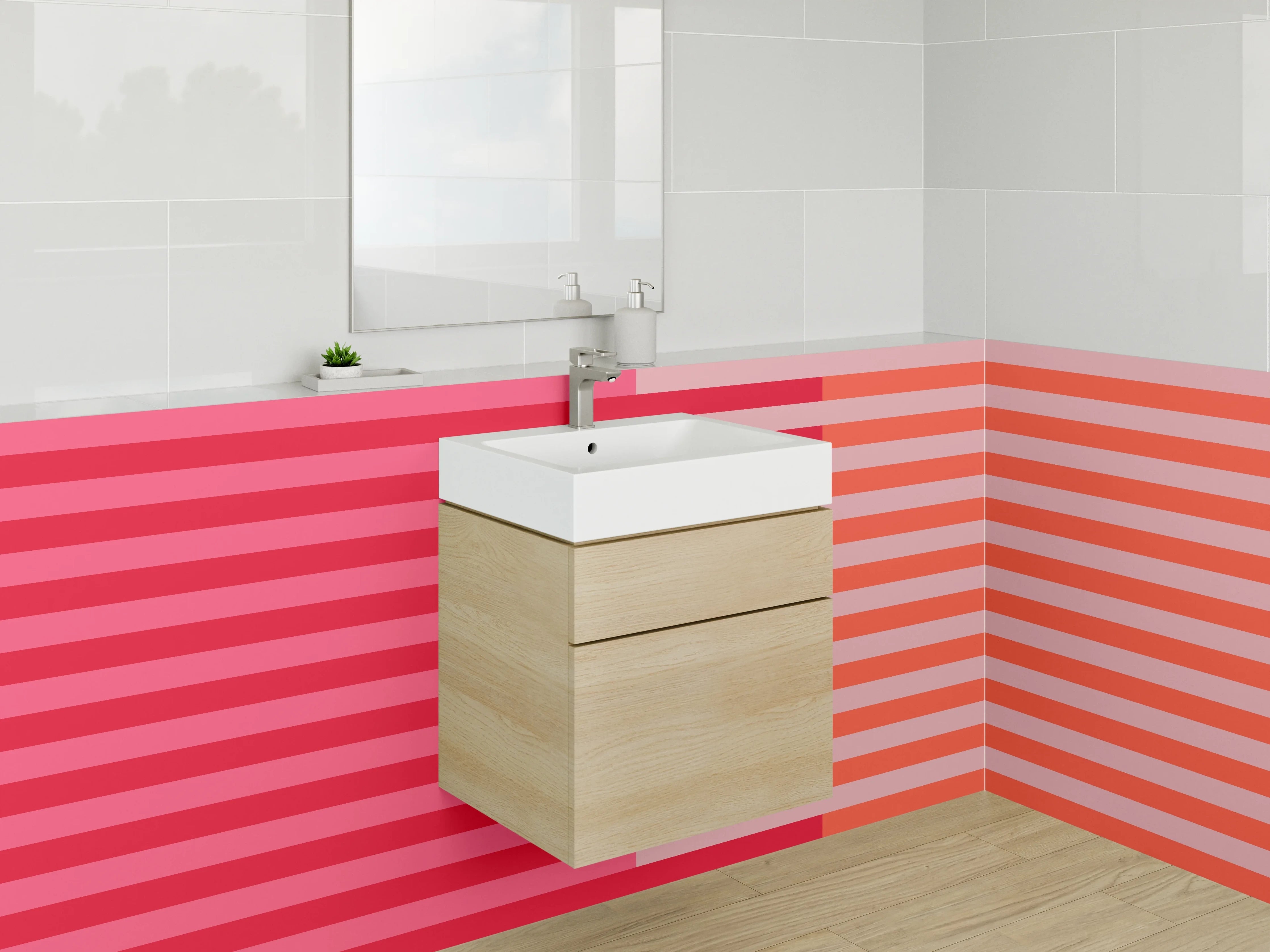 Waschbecken-Rückwand - Rot-orange Streifenmuster mit Linien