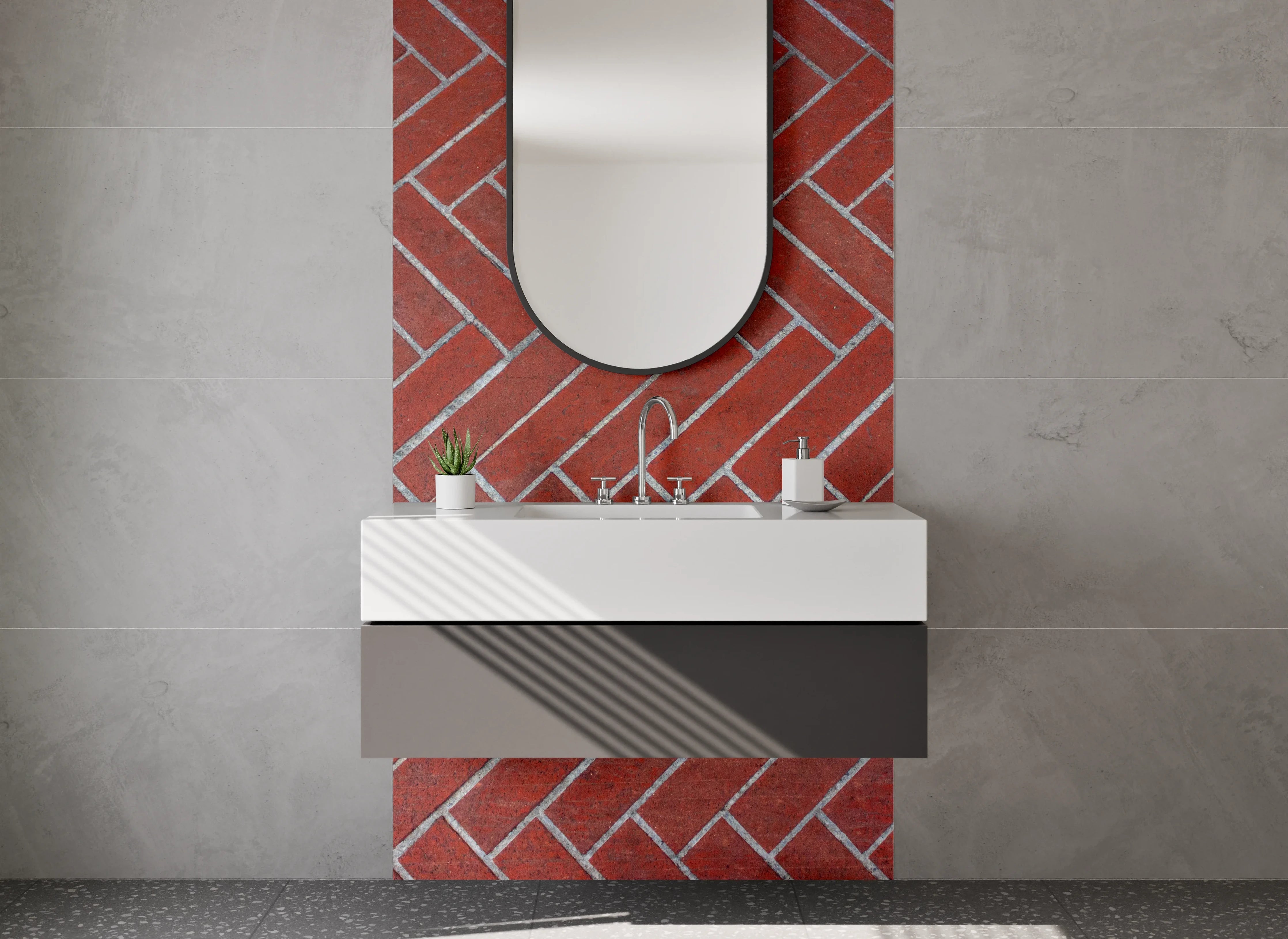 Waschbecken-Rückwand - Rote Backstein-Fliesen Herringbone Muster