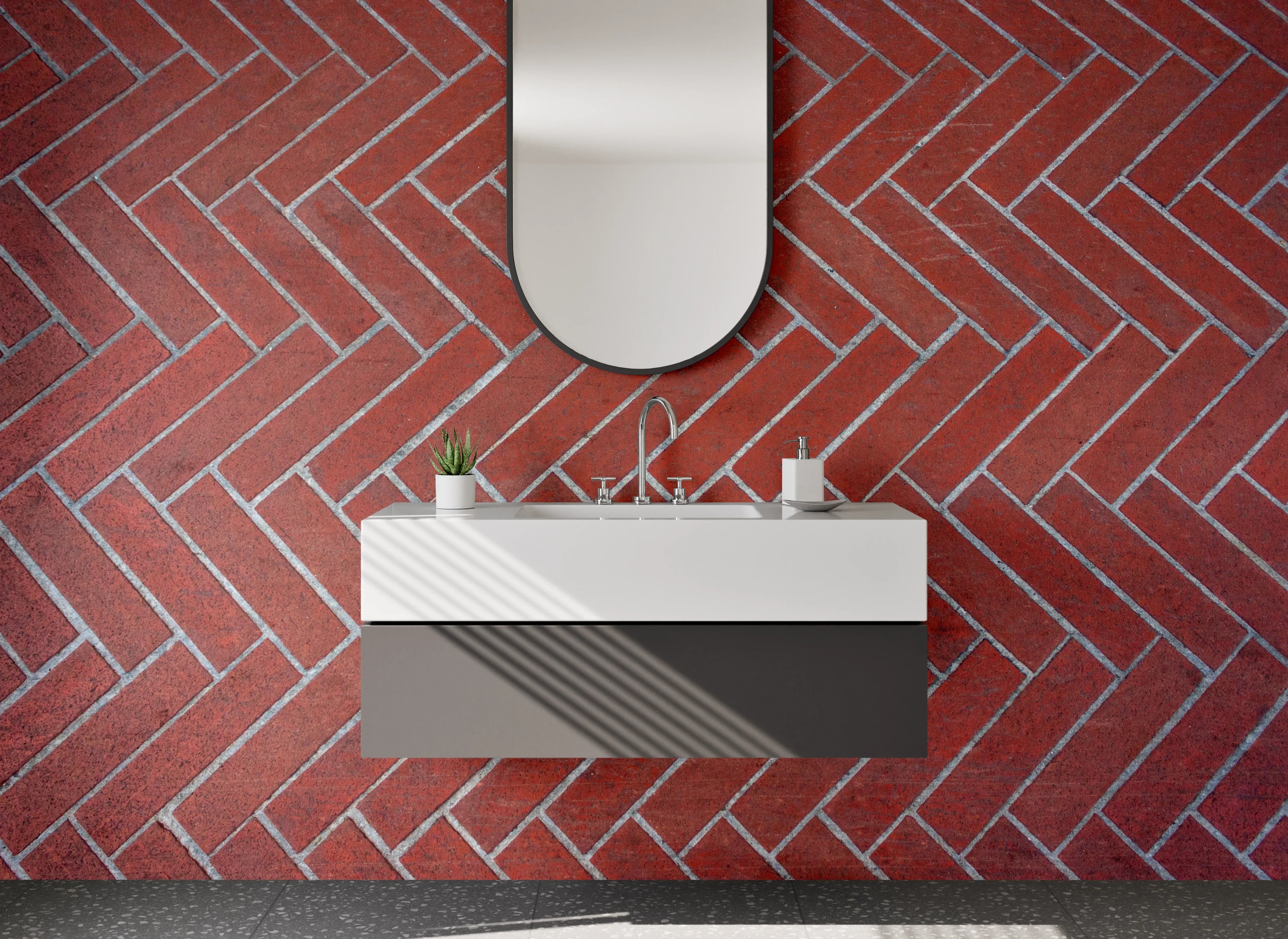 Waschbecken-Rückwand - Rote Backstein-Fliesen Herringbone Muster
