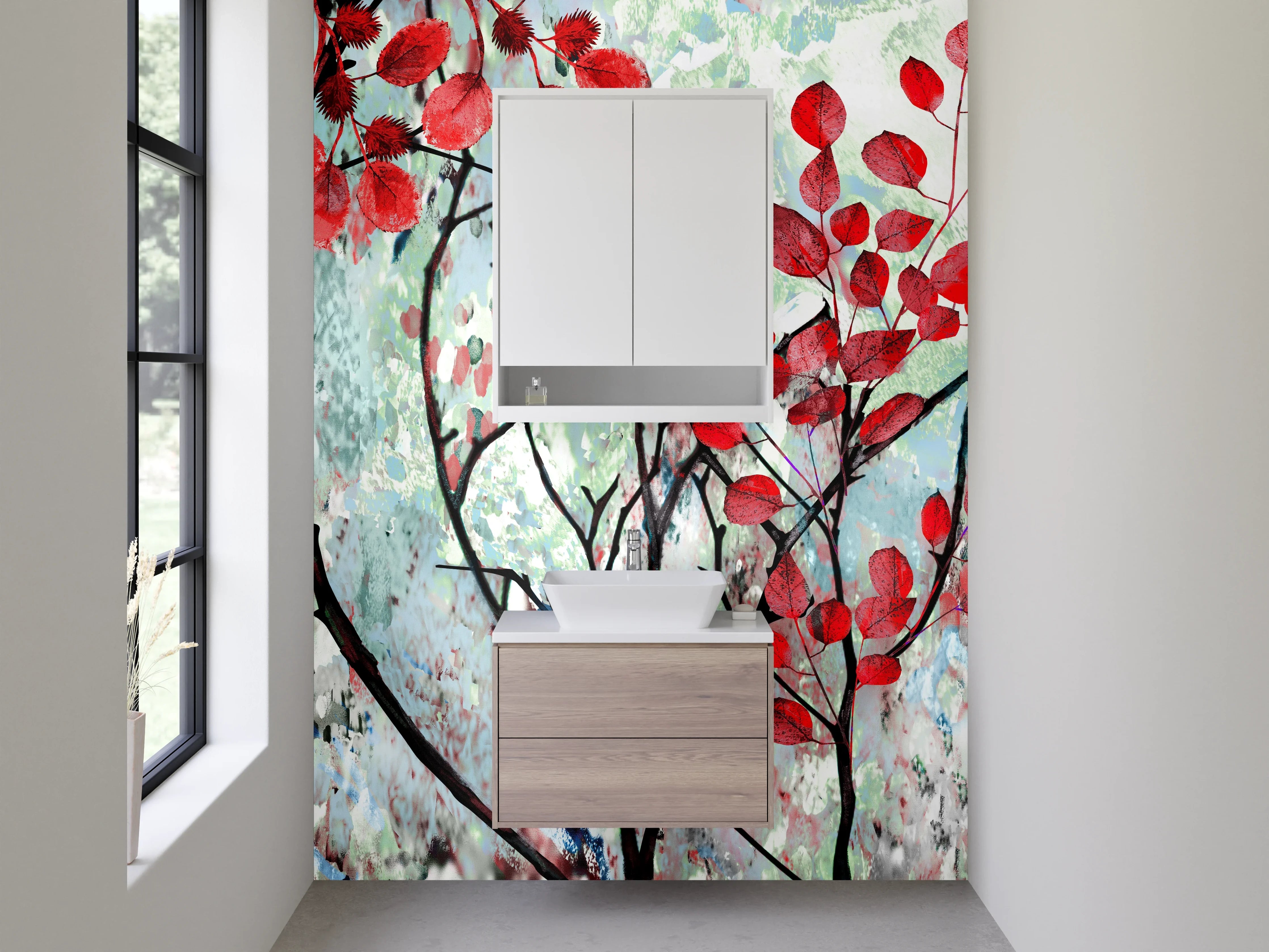 Waschbecken-Rückwand - Rote Blätter Aquarell Zweige Kunst