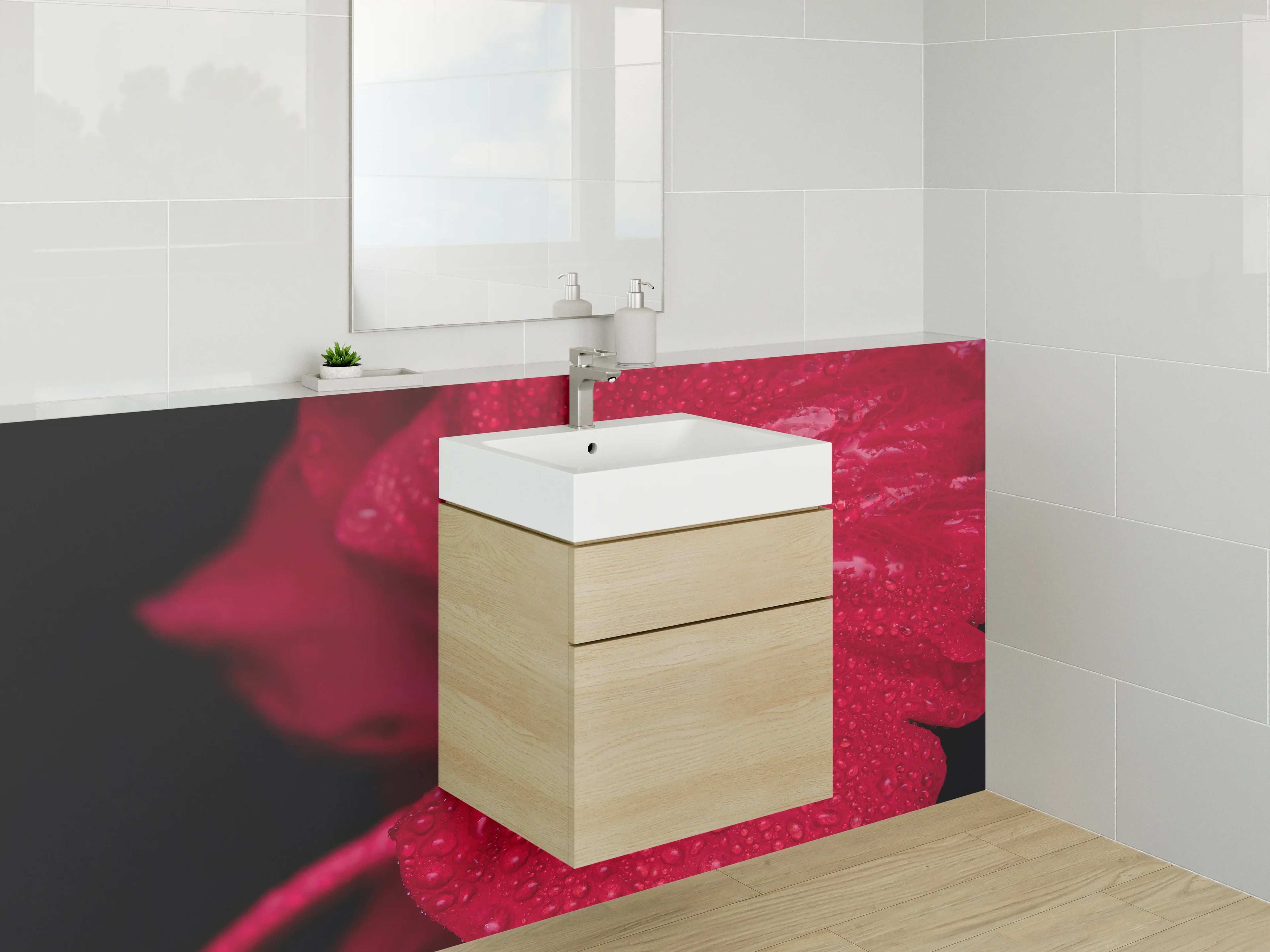 Waschbecken-Rückwand - Rote Blüte mit Tautropfen
