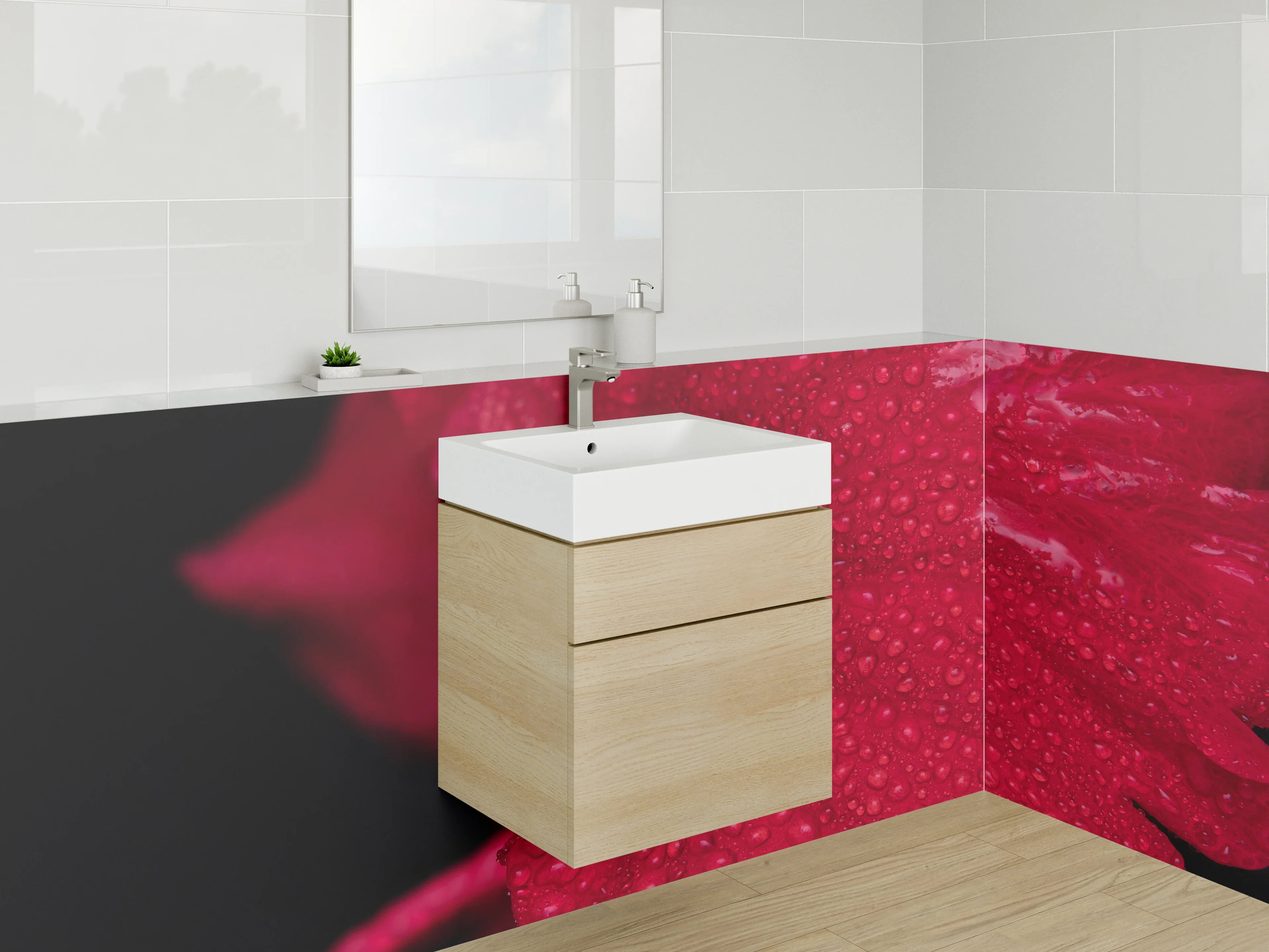 Waschbecken-Rückwand - Rote Blüte mit Tautropfen