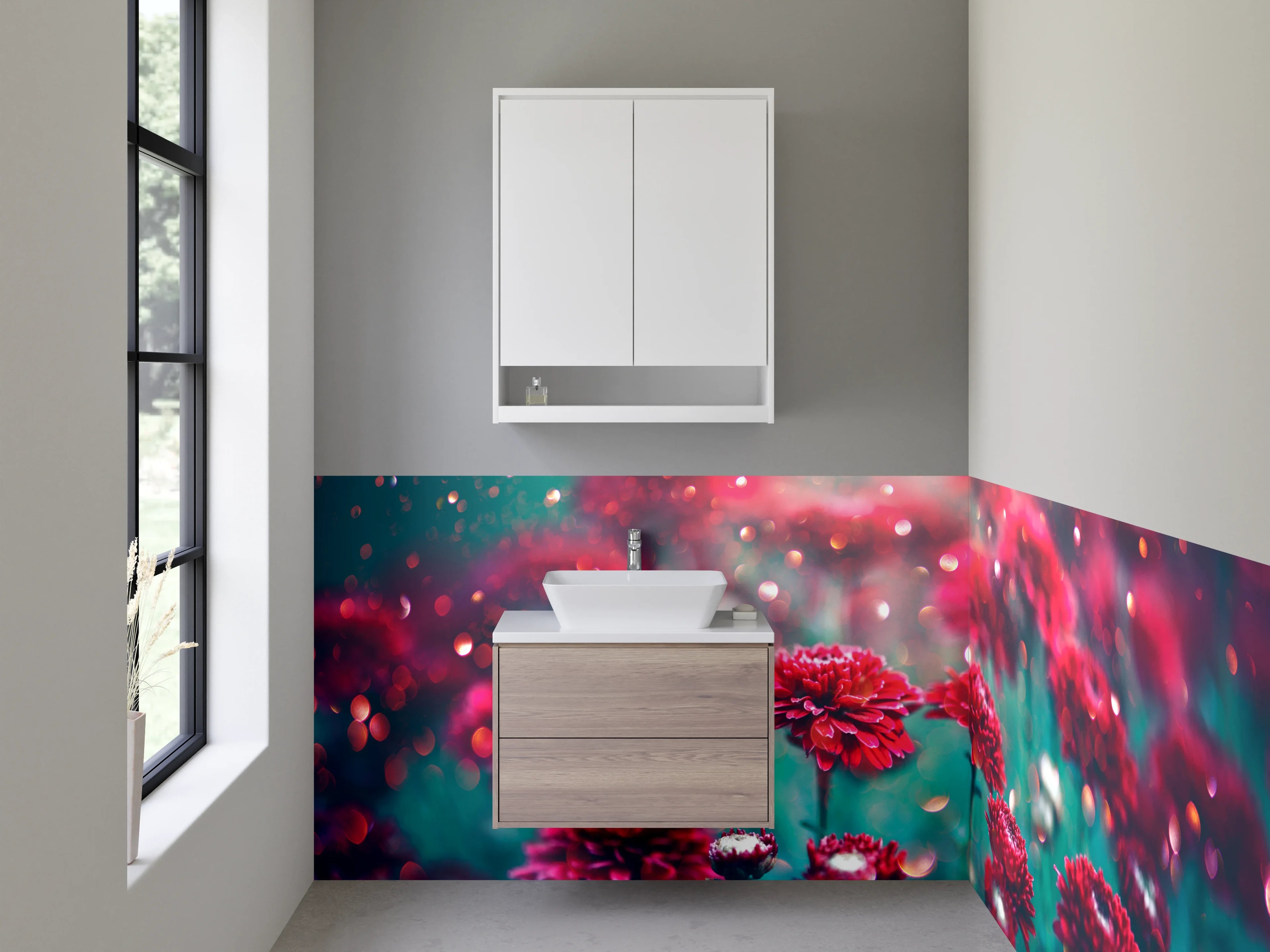 Waschbecken-Rückwand - Rote Blüten im magischen Licht