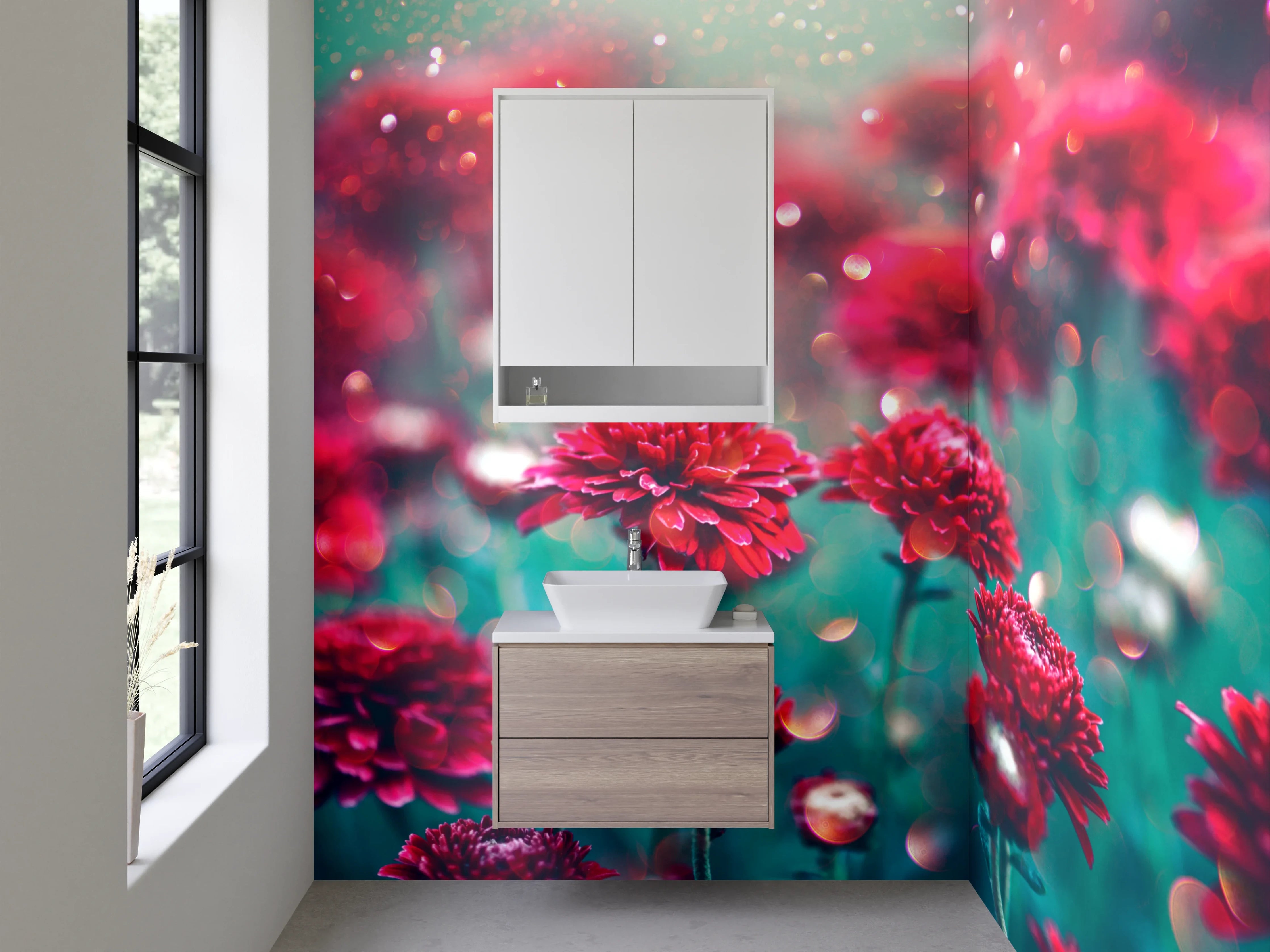 Waschbecken-Rückwand - Rote Blüten im magischen Licht