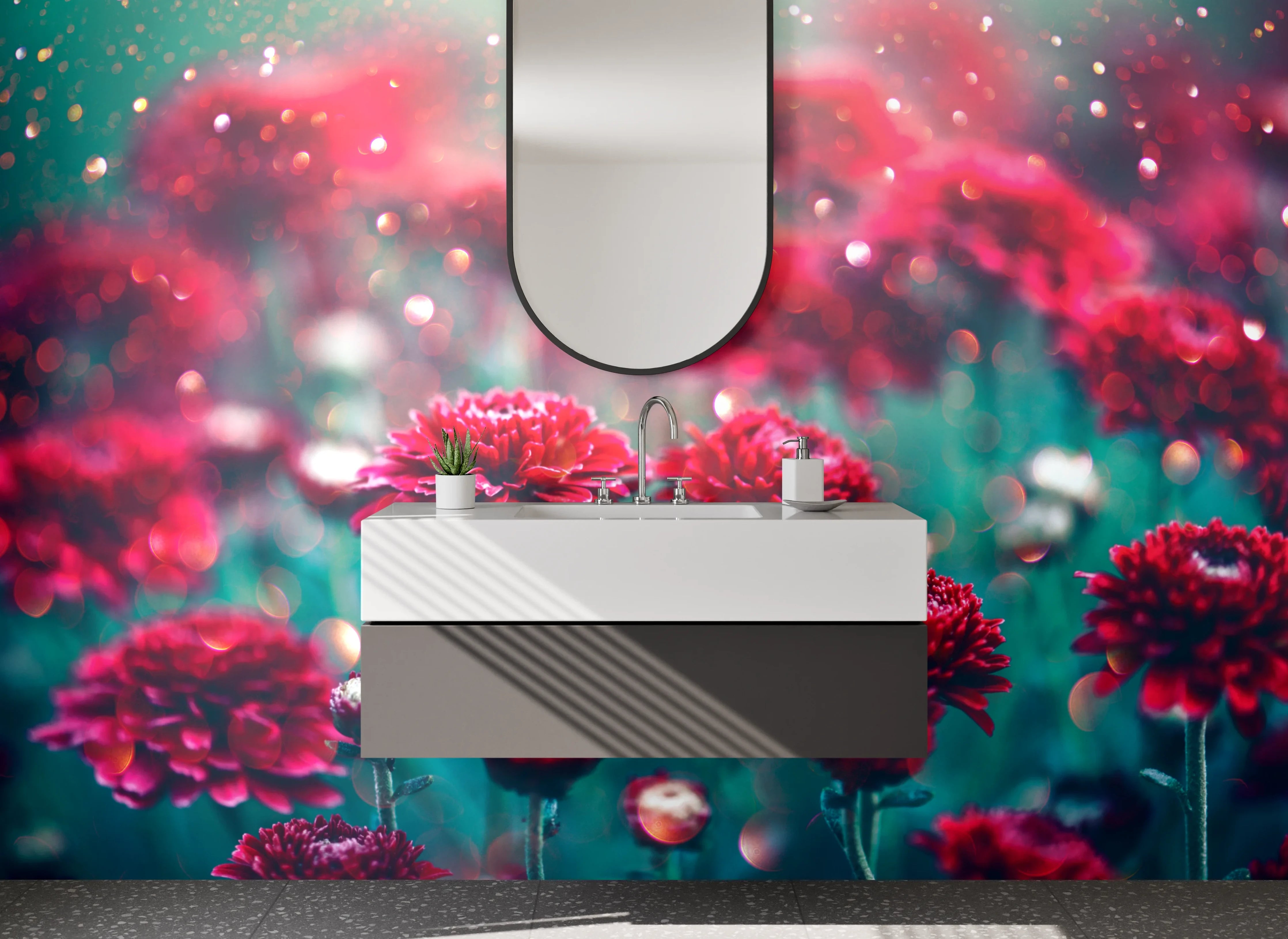 Waschbecken-Rückwand - Rote Blüten im magischen Licht