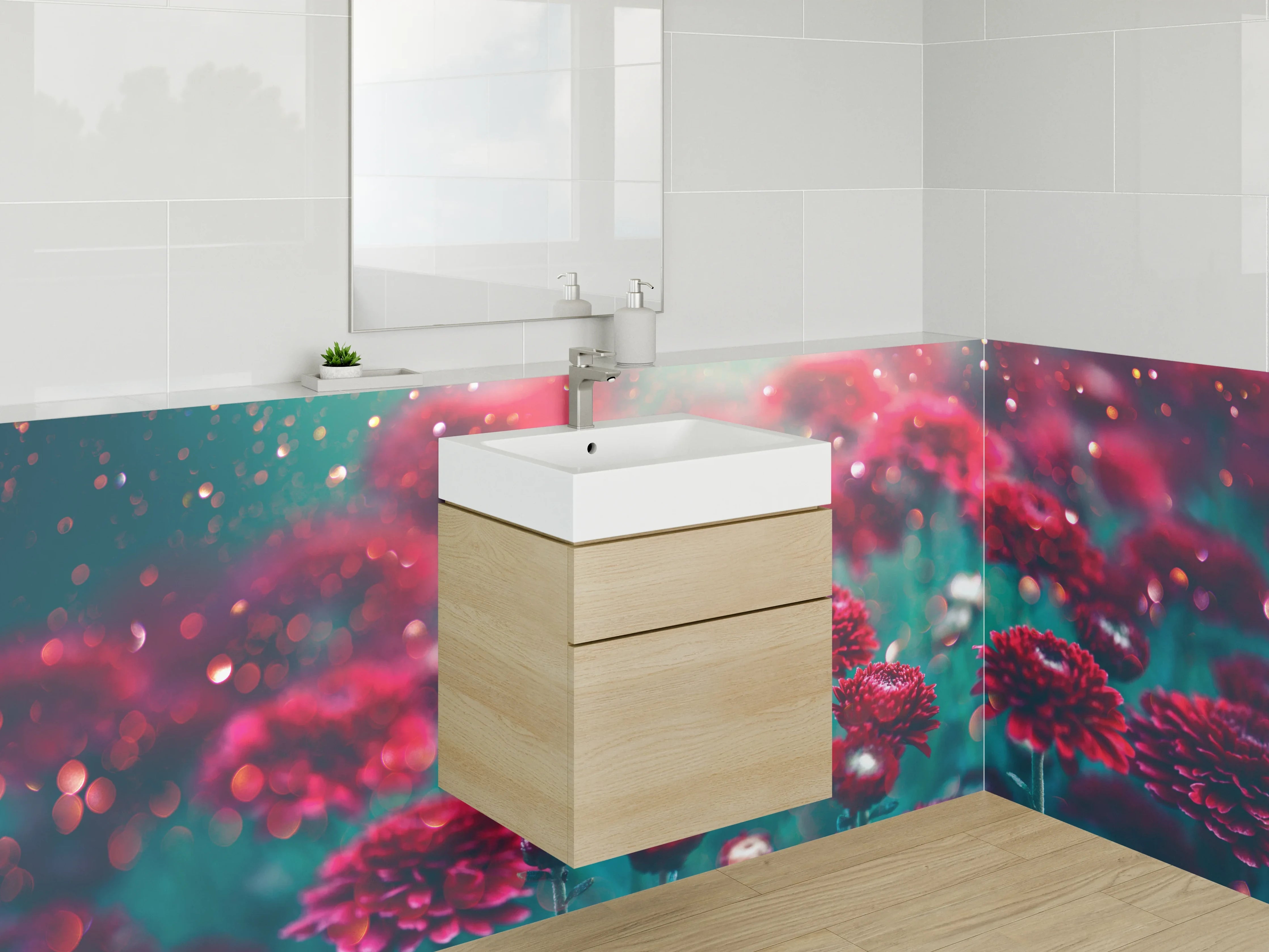 Waschbecken-Rückwand - Rote Blüten im magischen Licht