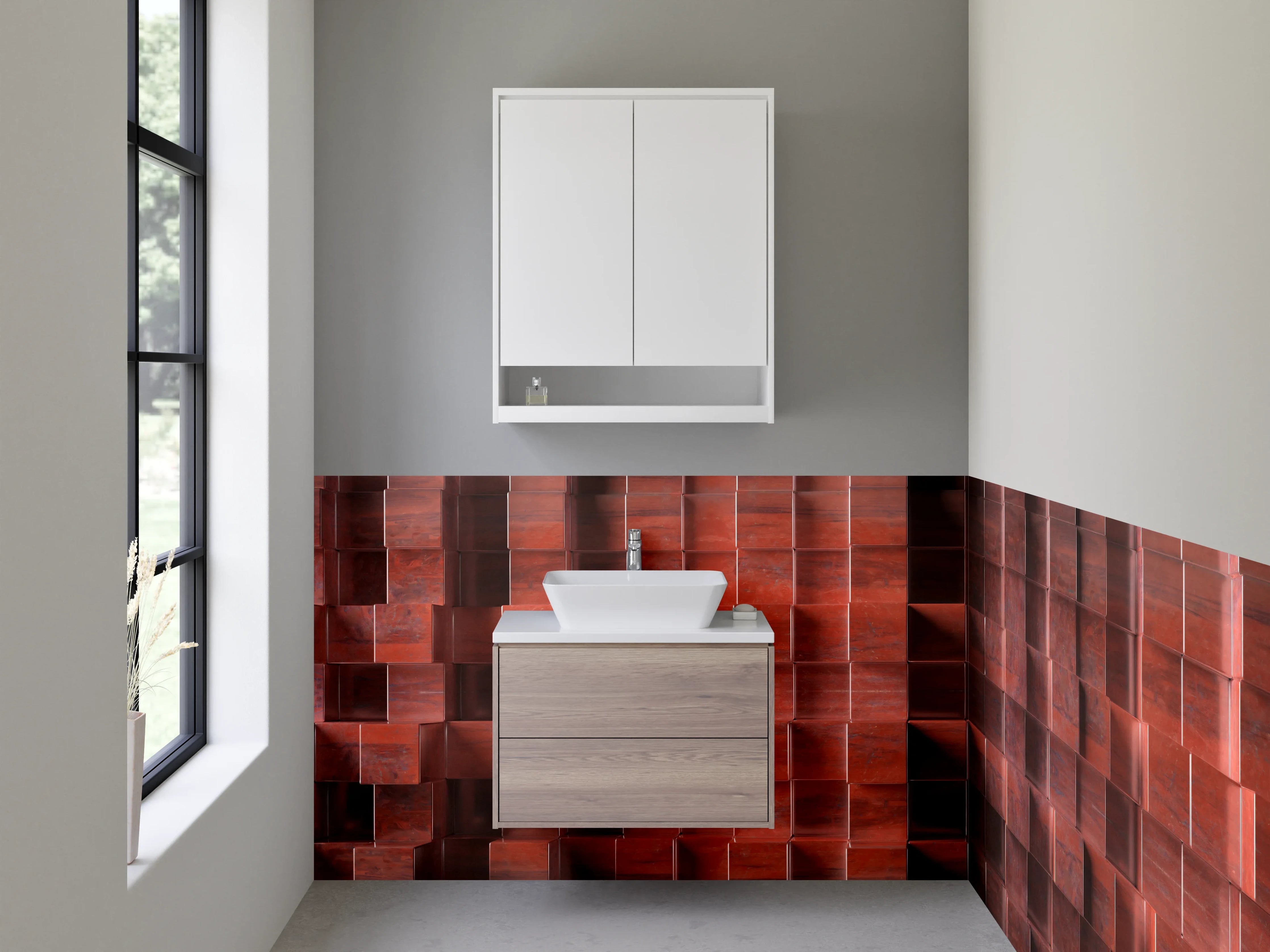 Waschbecken-Rückwand - Rote Holzleisten