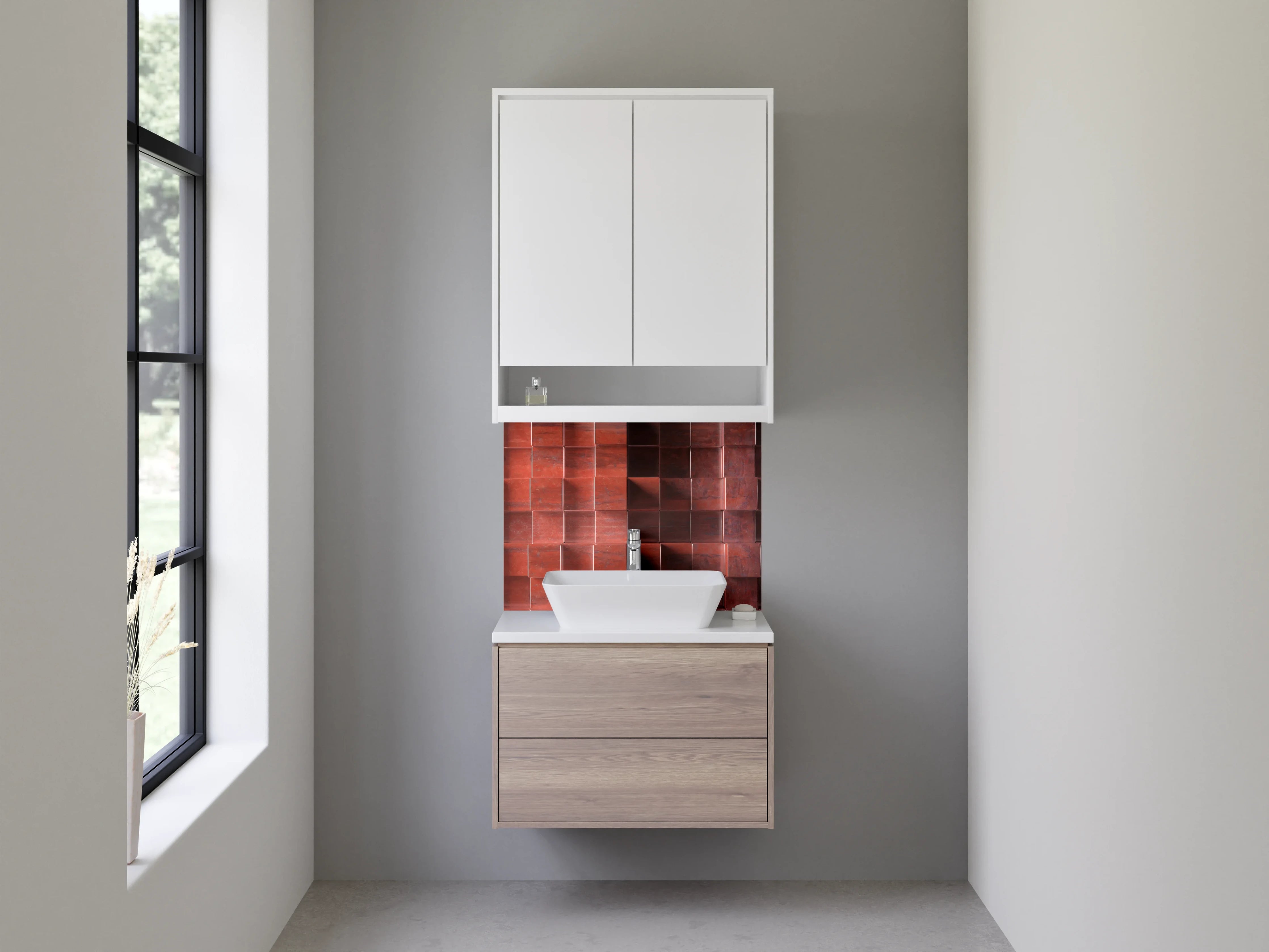 Waschbecken-Rückwand - Rote Holzleisten