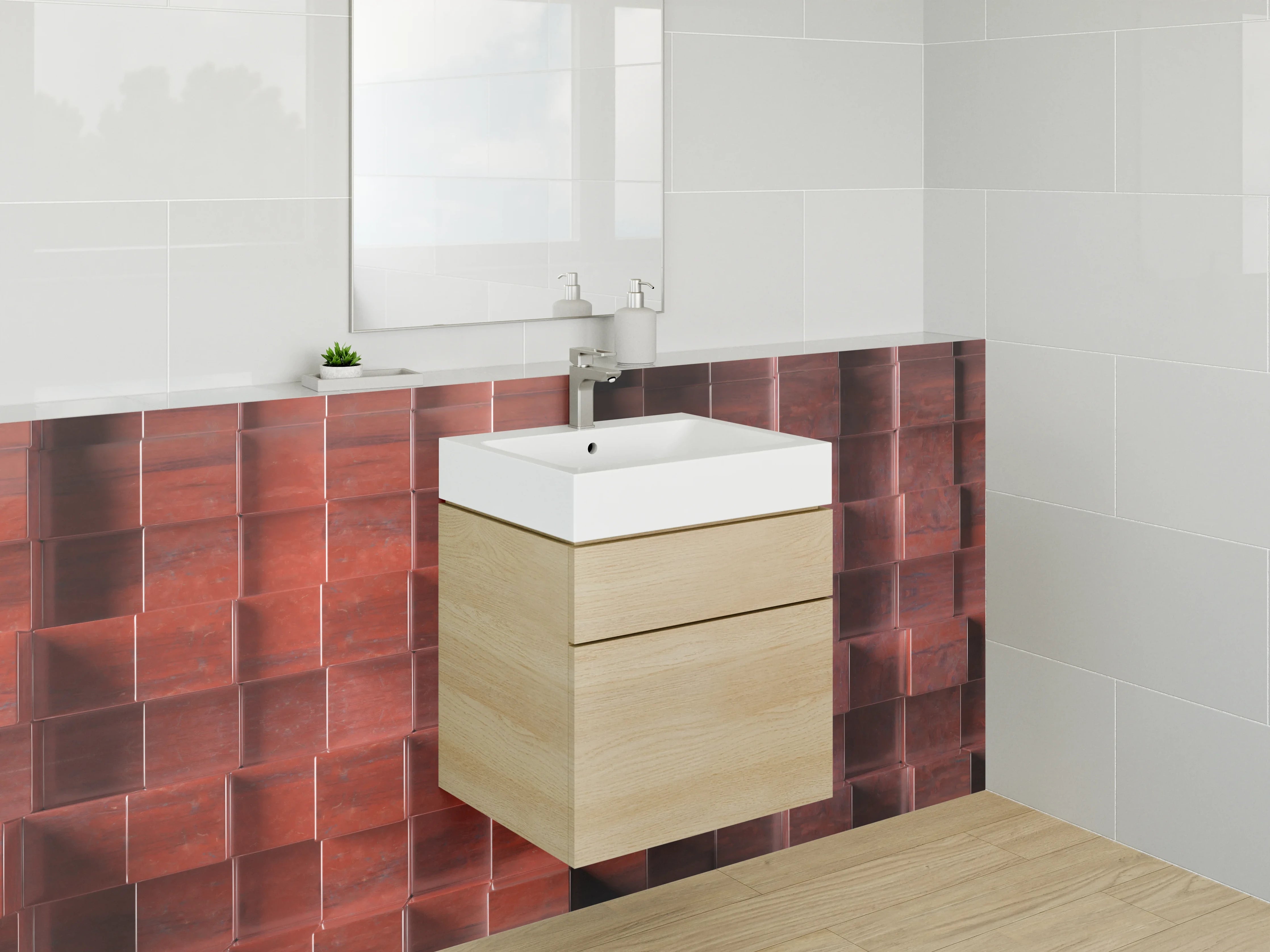 Waschbecken-Rückwand - Rote Holzleisten