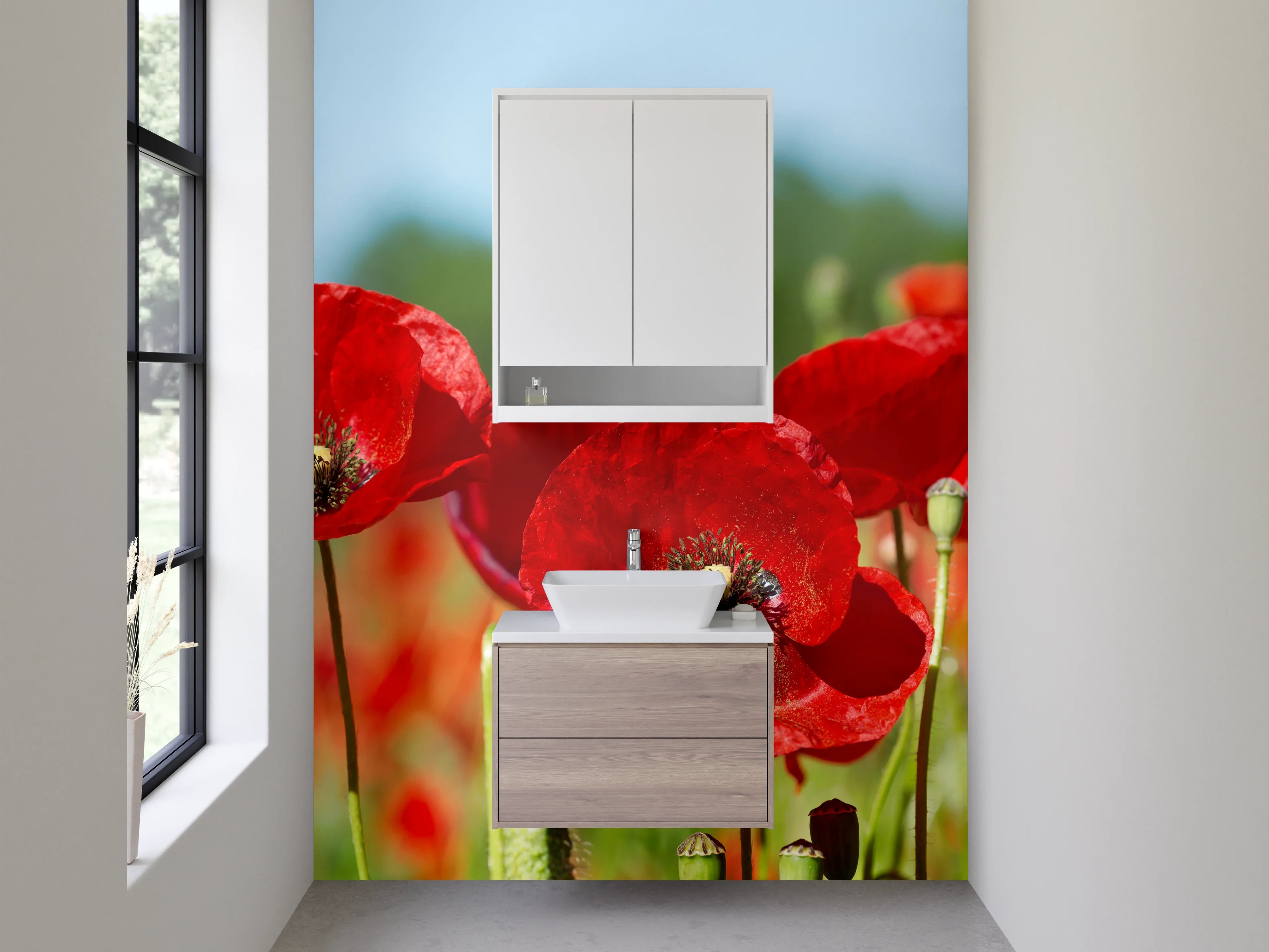 Waschbecken-Rückwand - Rote Mohnblumen auf Sommerwiese Panorama
