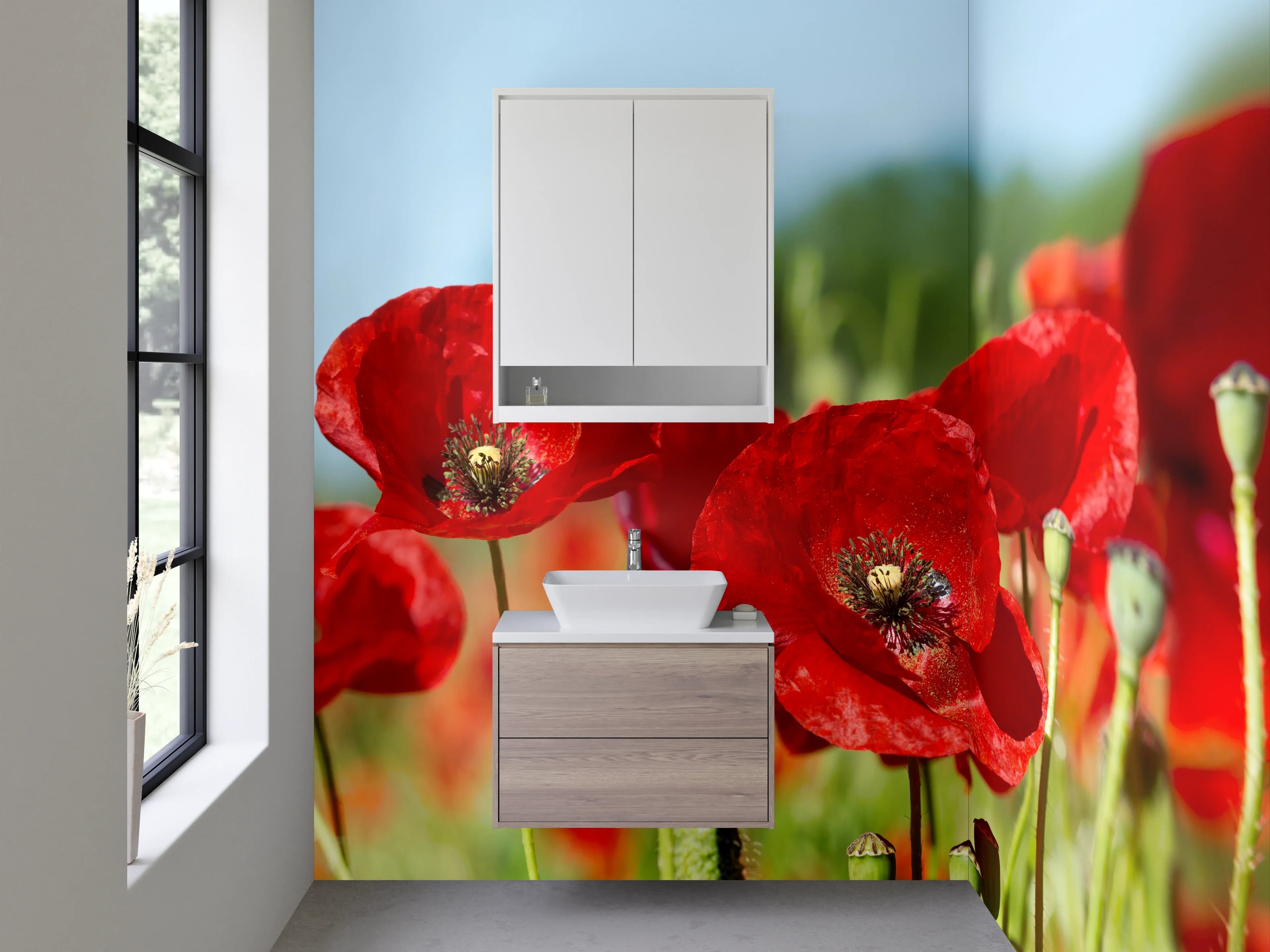 Waschbecken-Rückwand - Rote Mohnblumen auf Sommerwiese Panorama