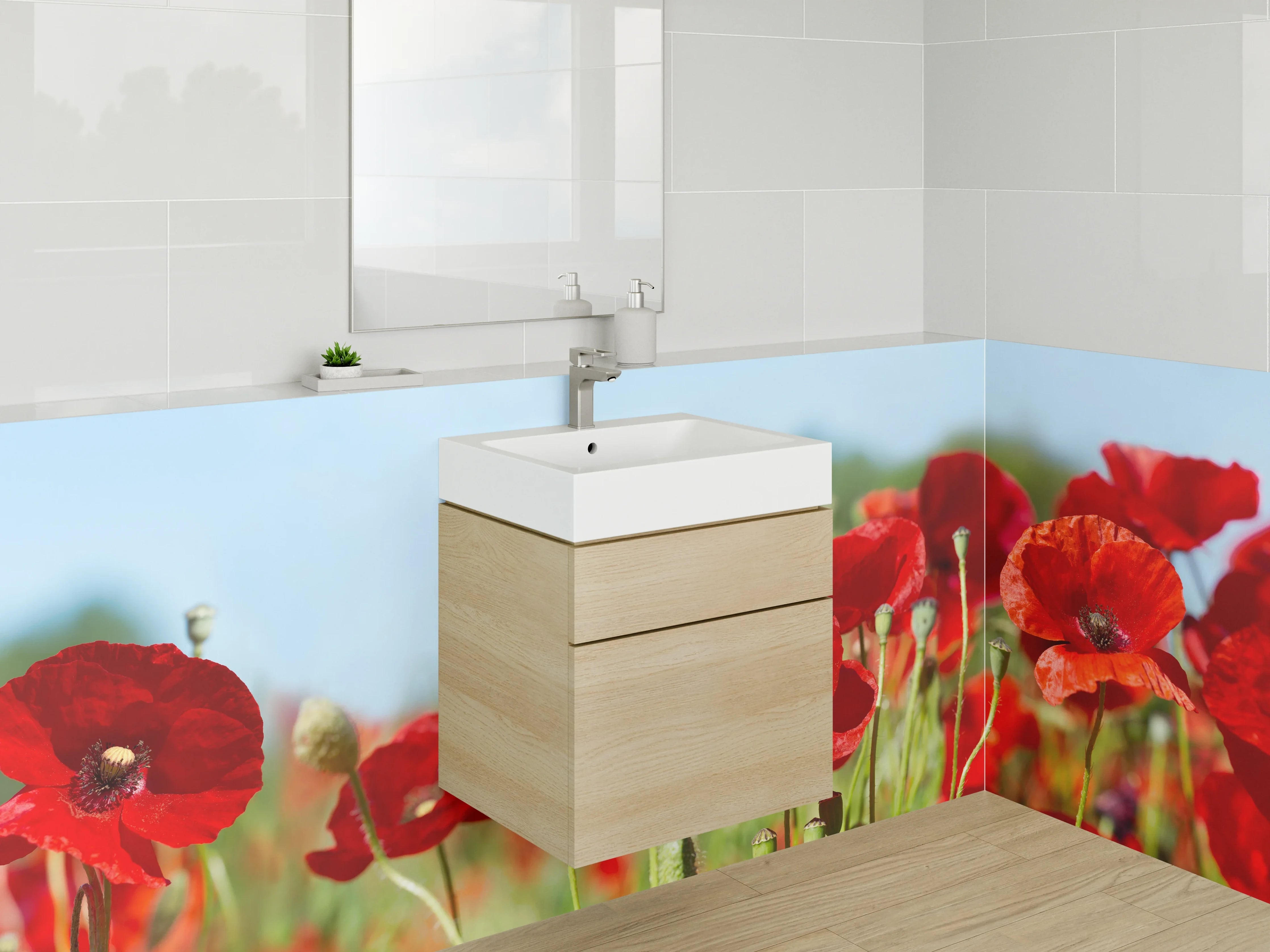 Waschbecken-Rückwand - Rote Mohnblumen auf Sommerwiese Panorama