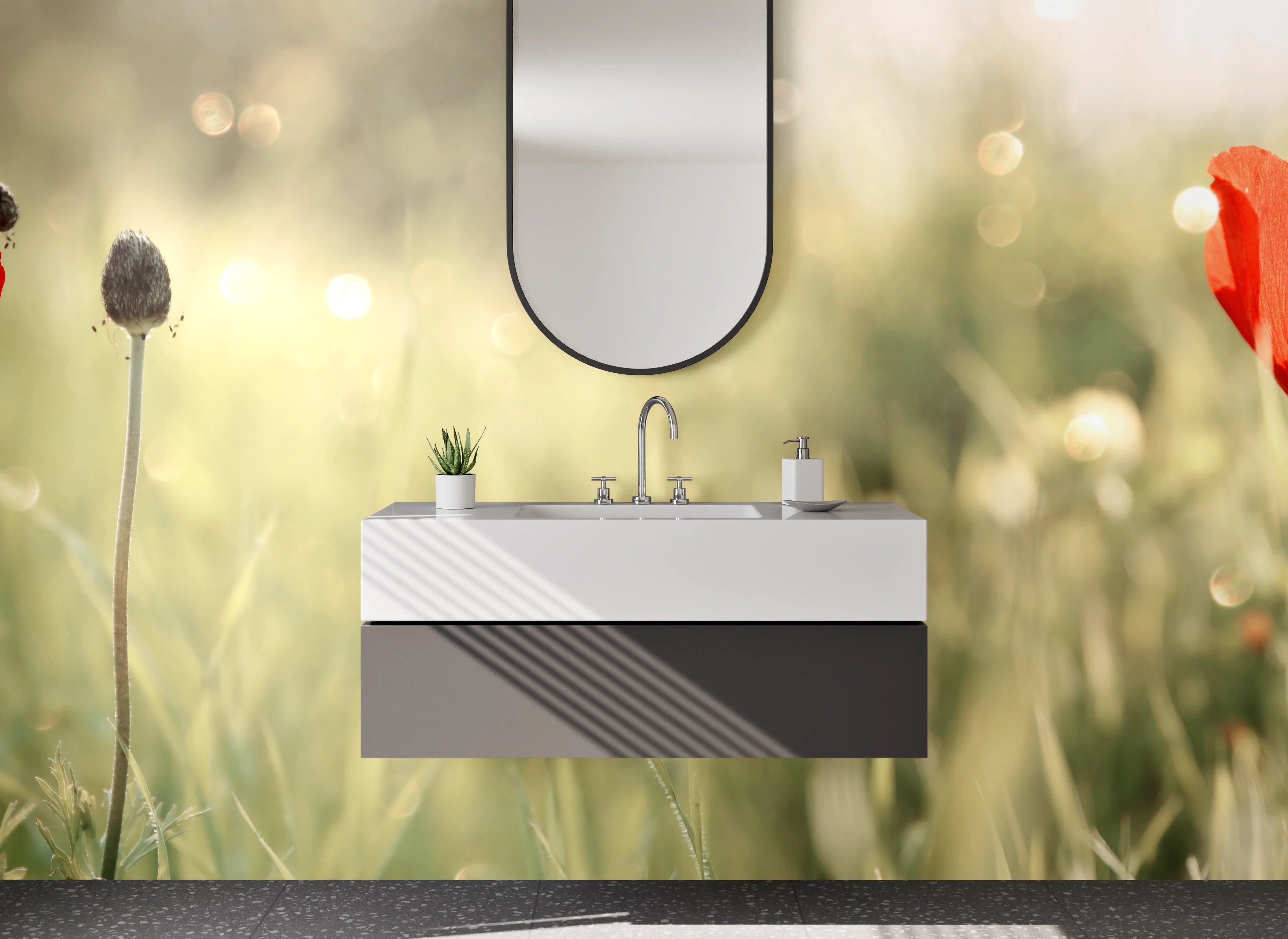 Waschbecken-Rückwand - Rote Mohnblumen im Frühlingsfeld