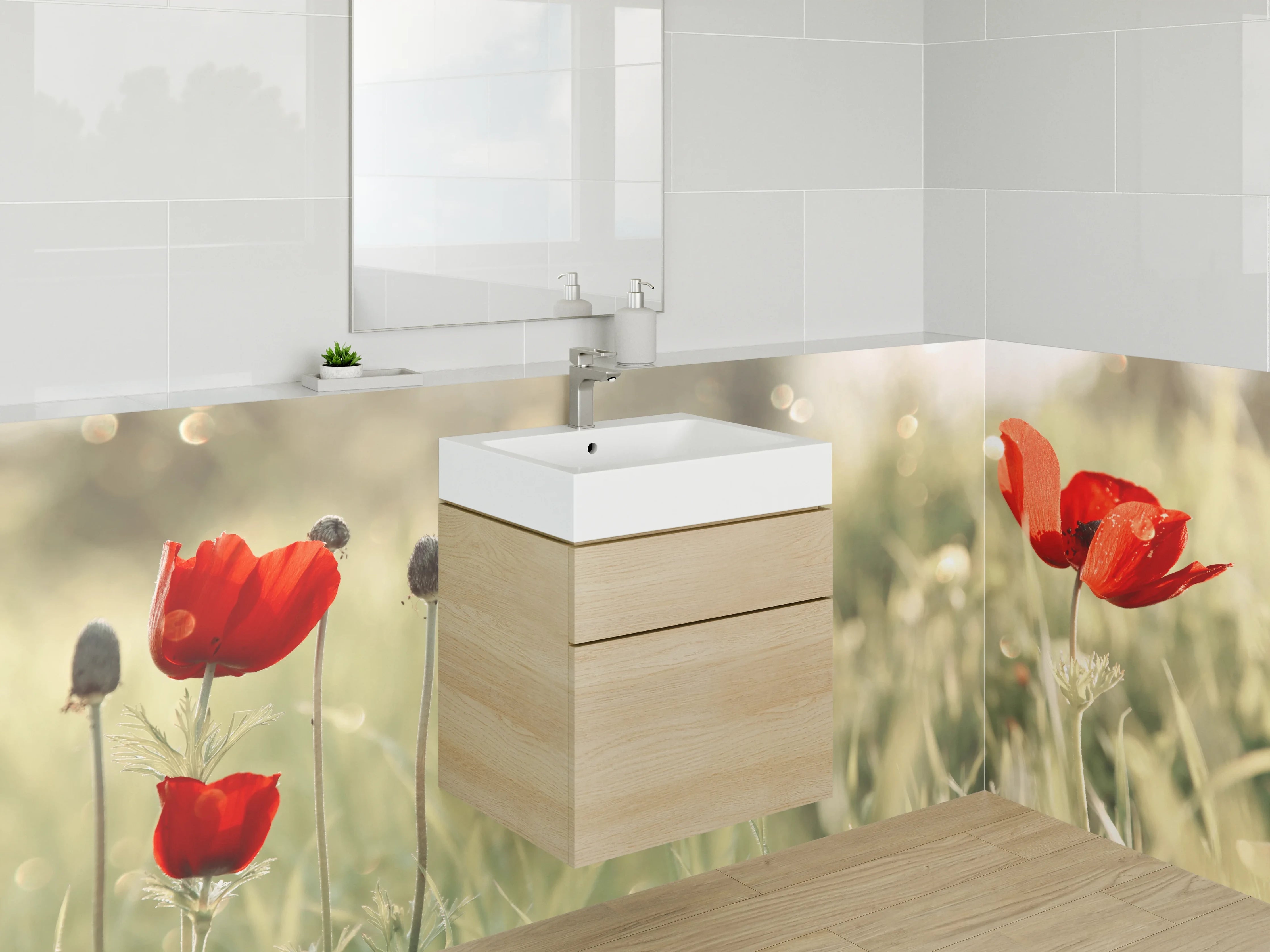 Waschbecken-Rückwand - Rote Mohnblumen im Frühlingsfeld