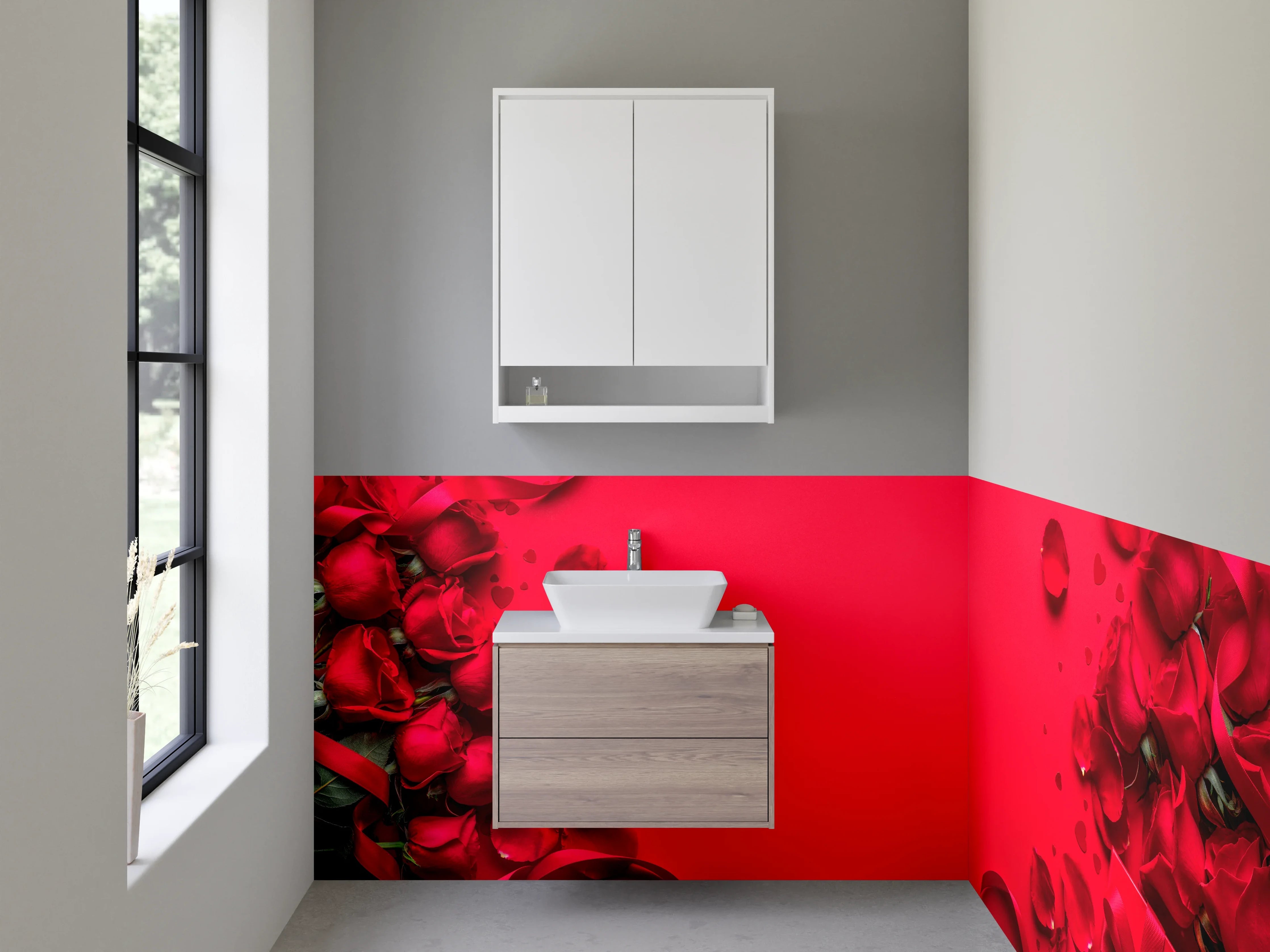 Waschbecken-Rückwand - Rote Rosenblätter auf Geschenk Hintergrund