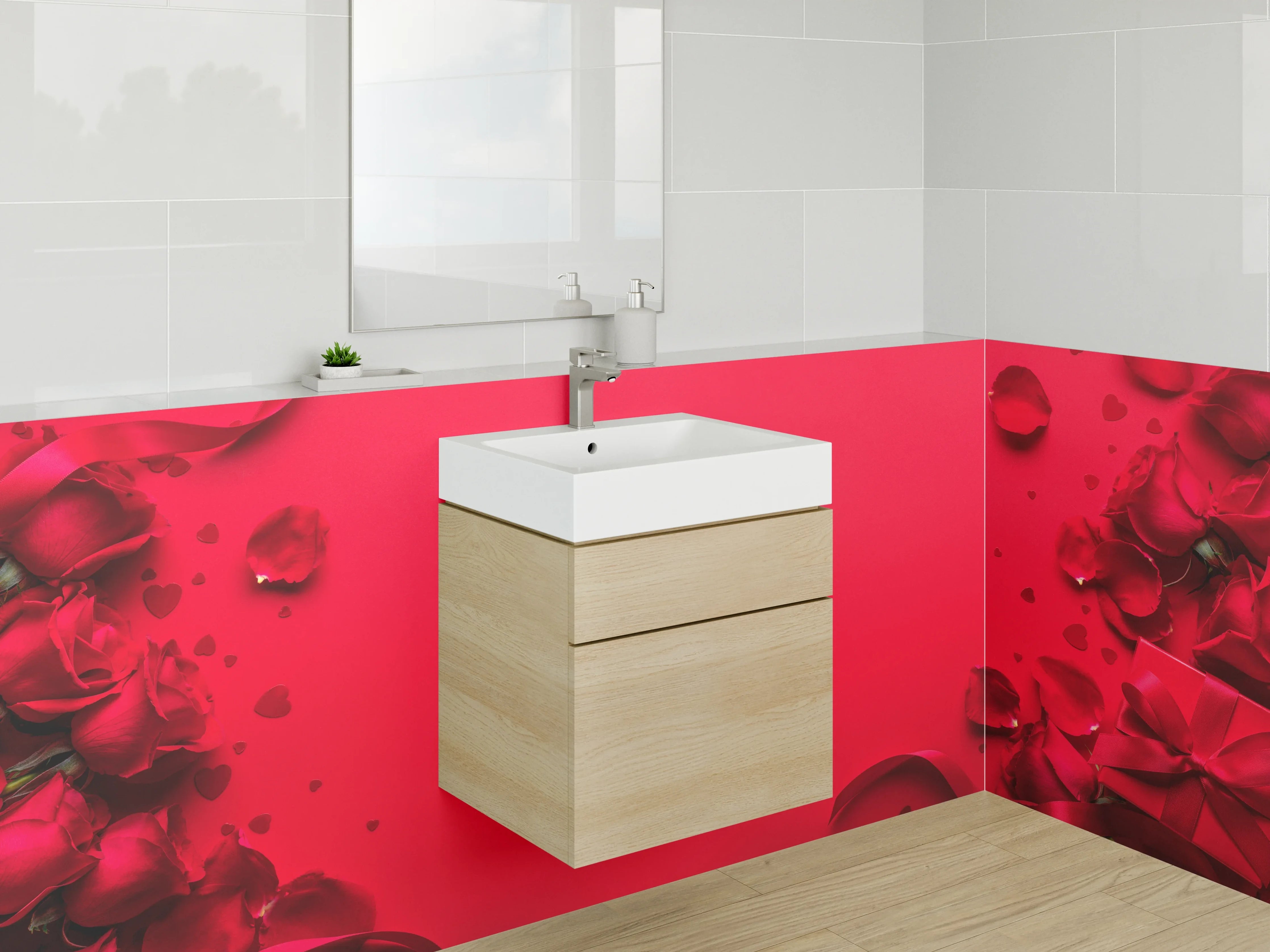 Waschbecken-Rückwand - Rote Rosenblätter auf Geschenk Hintergrund