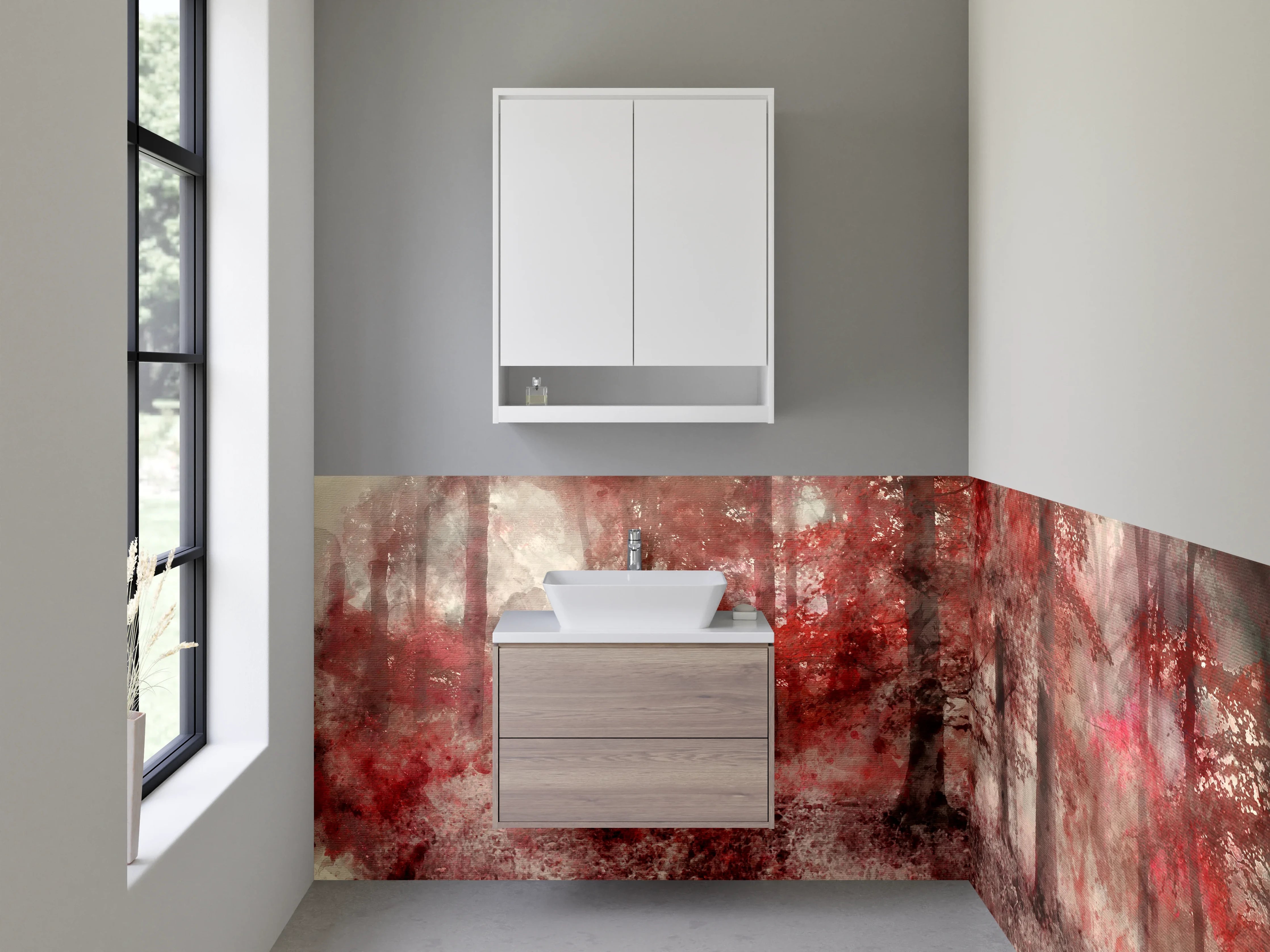 Waschbecken-Rückwand - Roter Aquarell-Wald als Kunst-Design