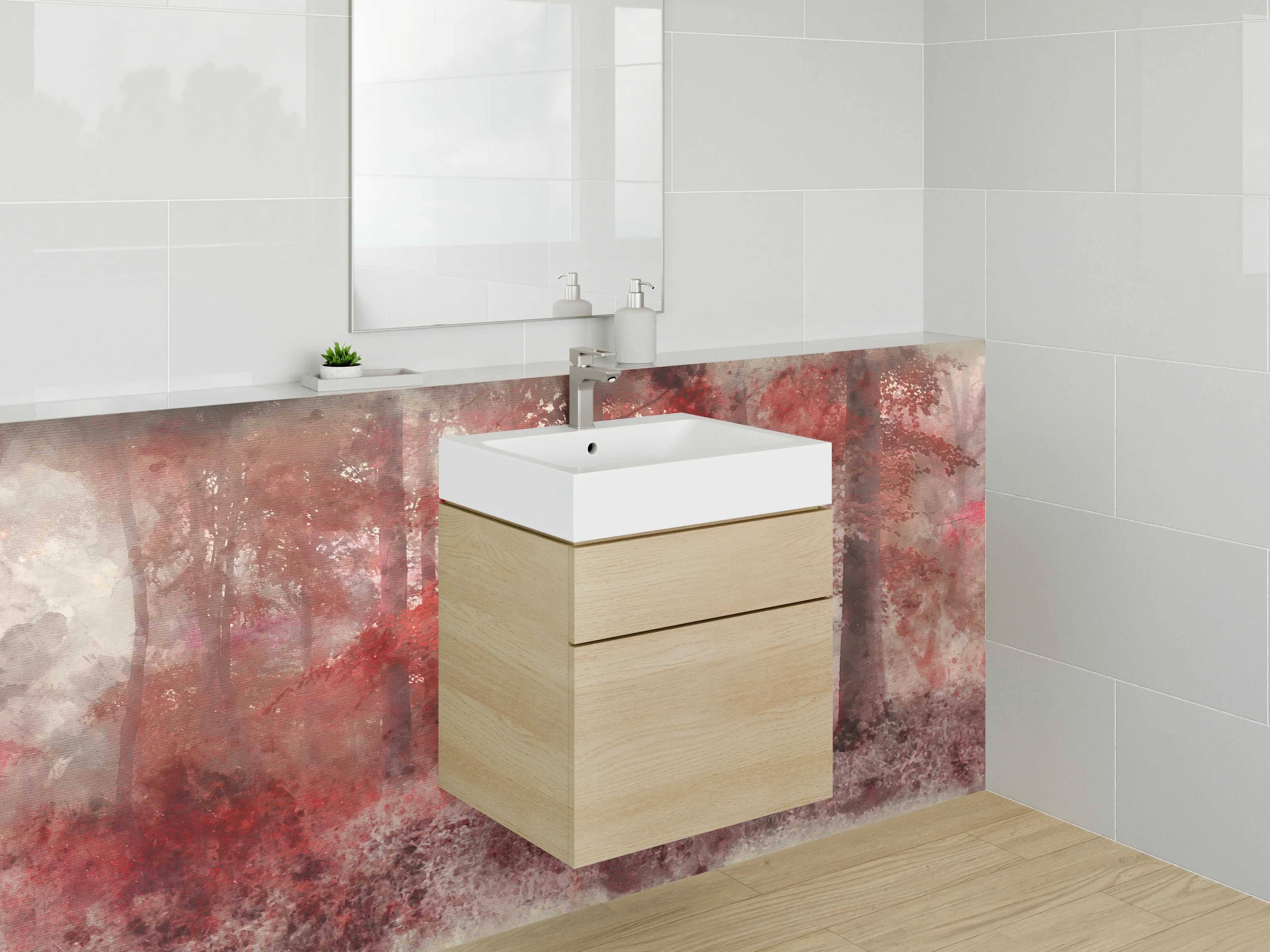 Waschbecken-Rückwand - Roter Aquarell-Wald als Kunst-Design