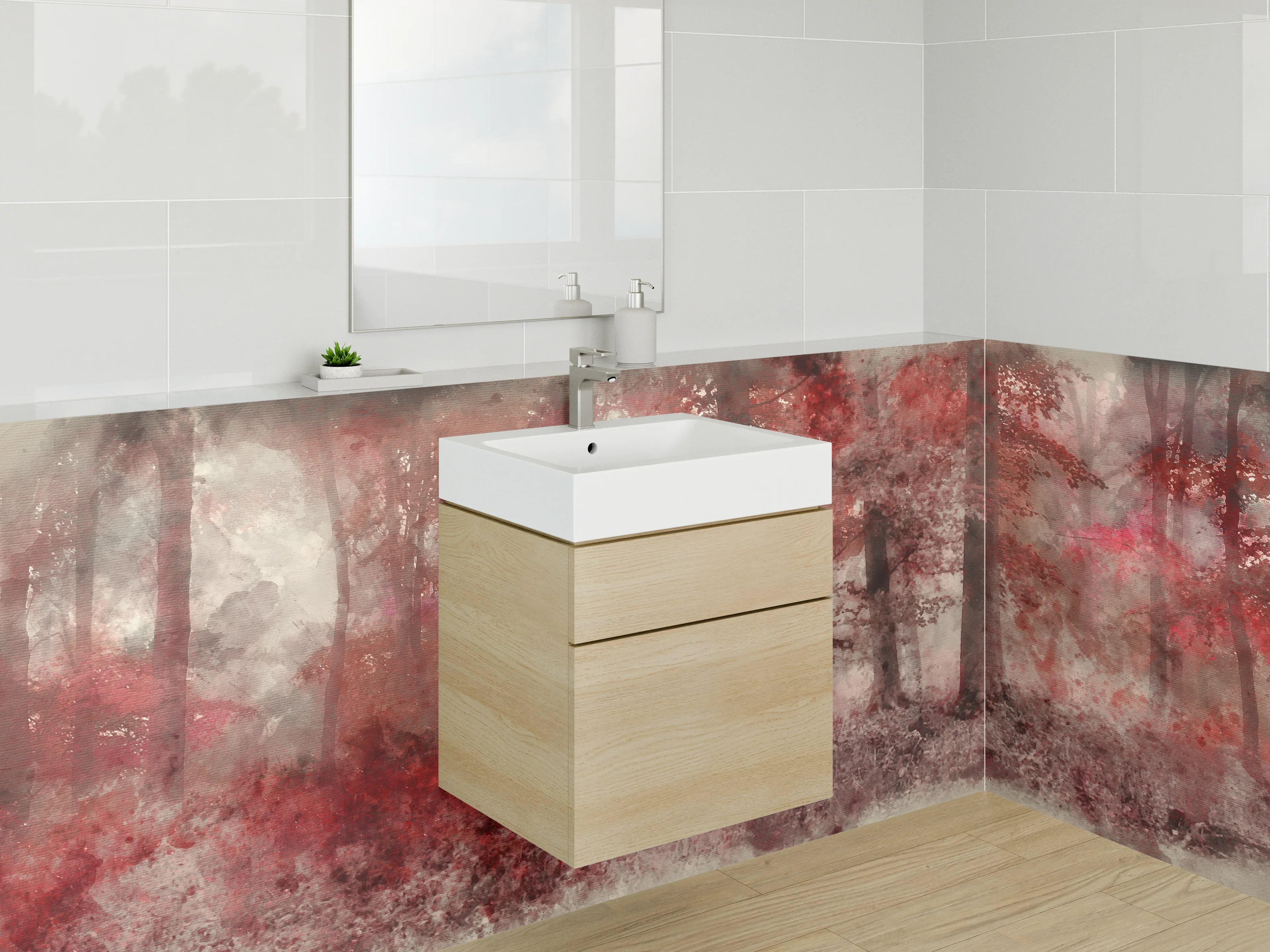 Waschbecken-Rückwand - Roter Aquarell-Wald als Kunst-Design