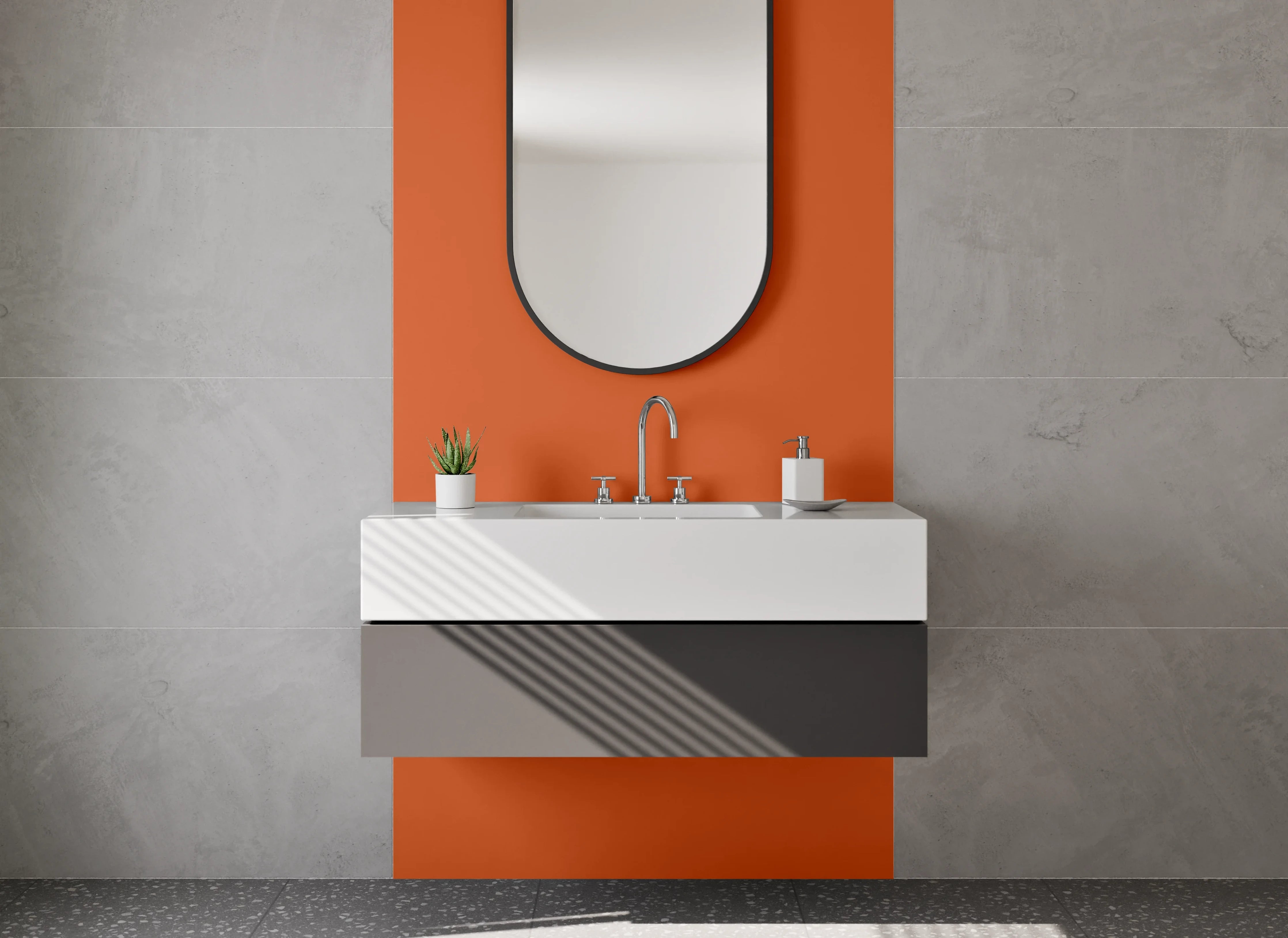 Waschbecken-Rückwand - Rotorange mit Grau-Glanz