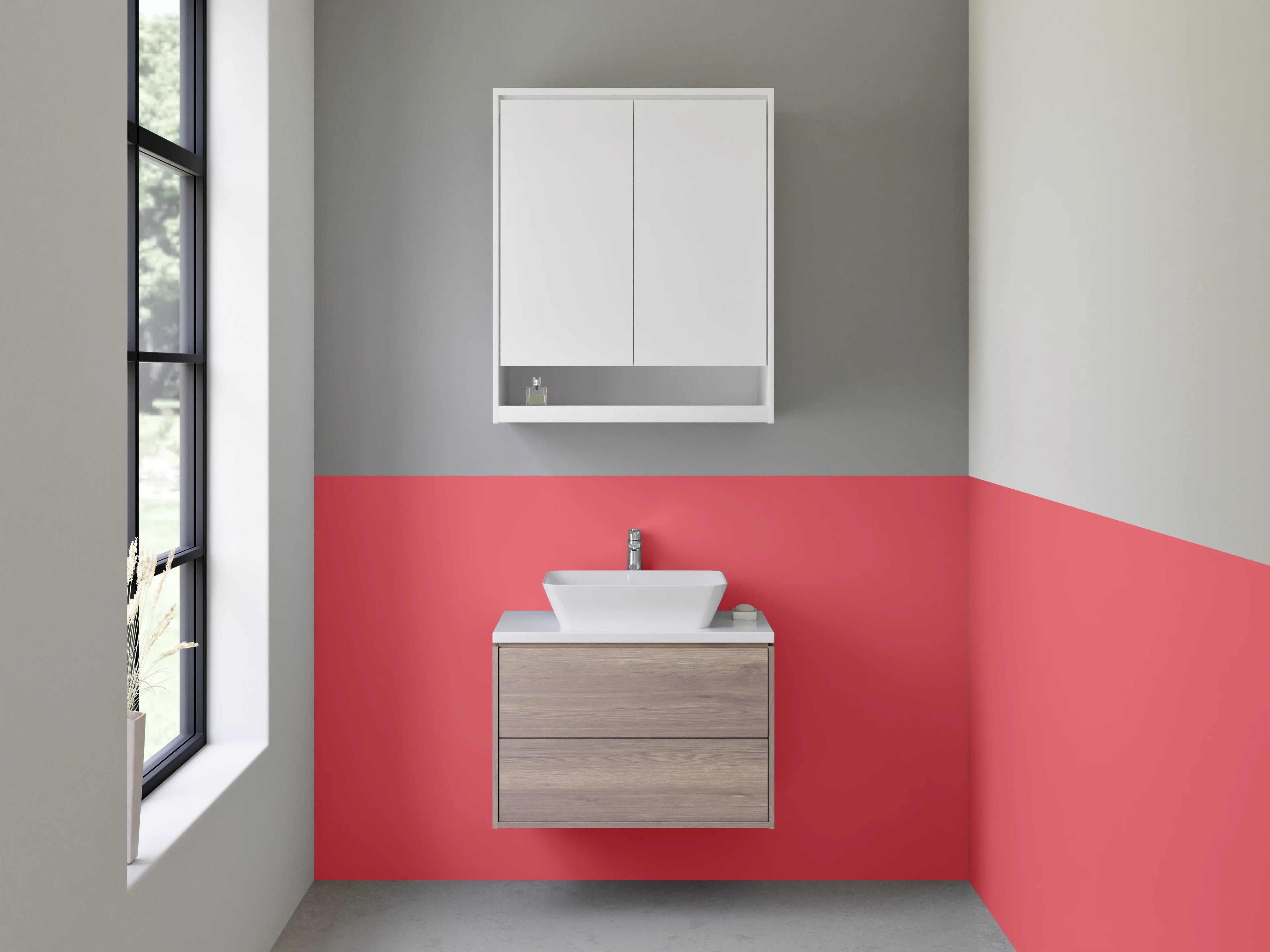 Waschbecken-Rückwand - Rubinrot mit Grauflair