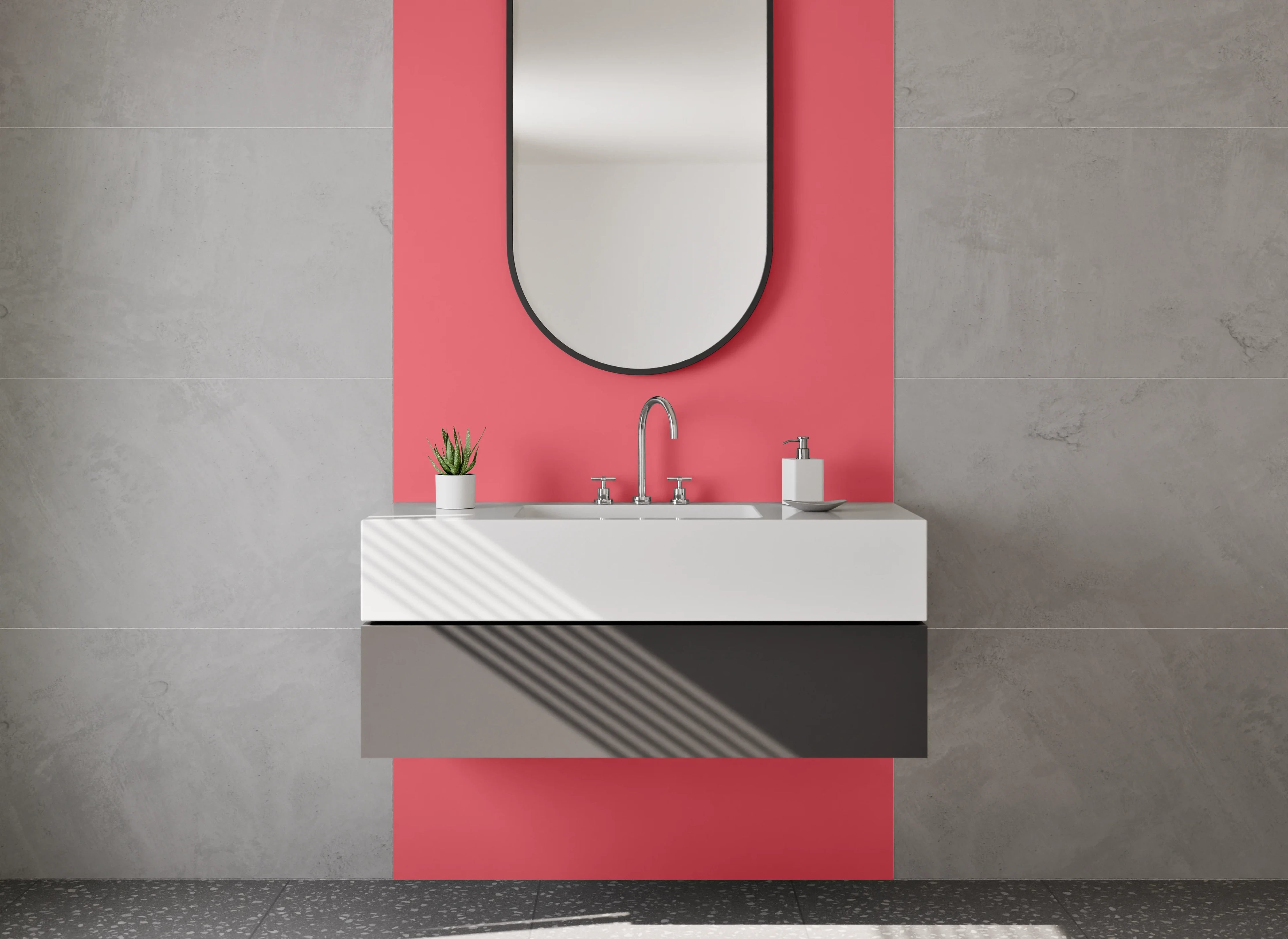 Waschbecken-Rückwand - Rubinrot mit Grauflair