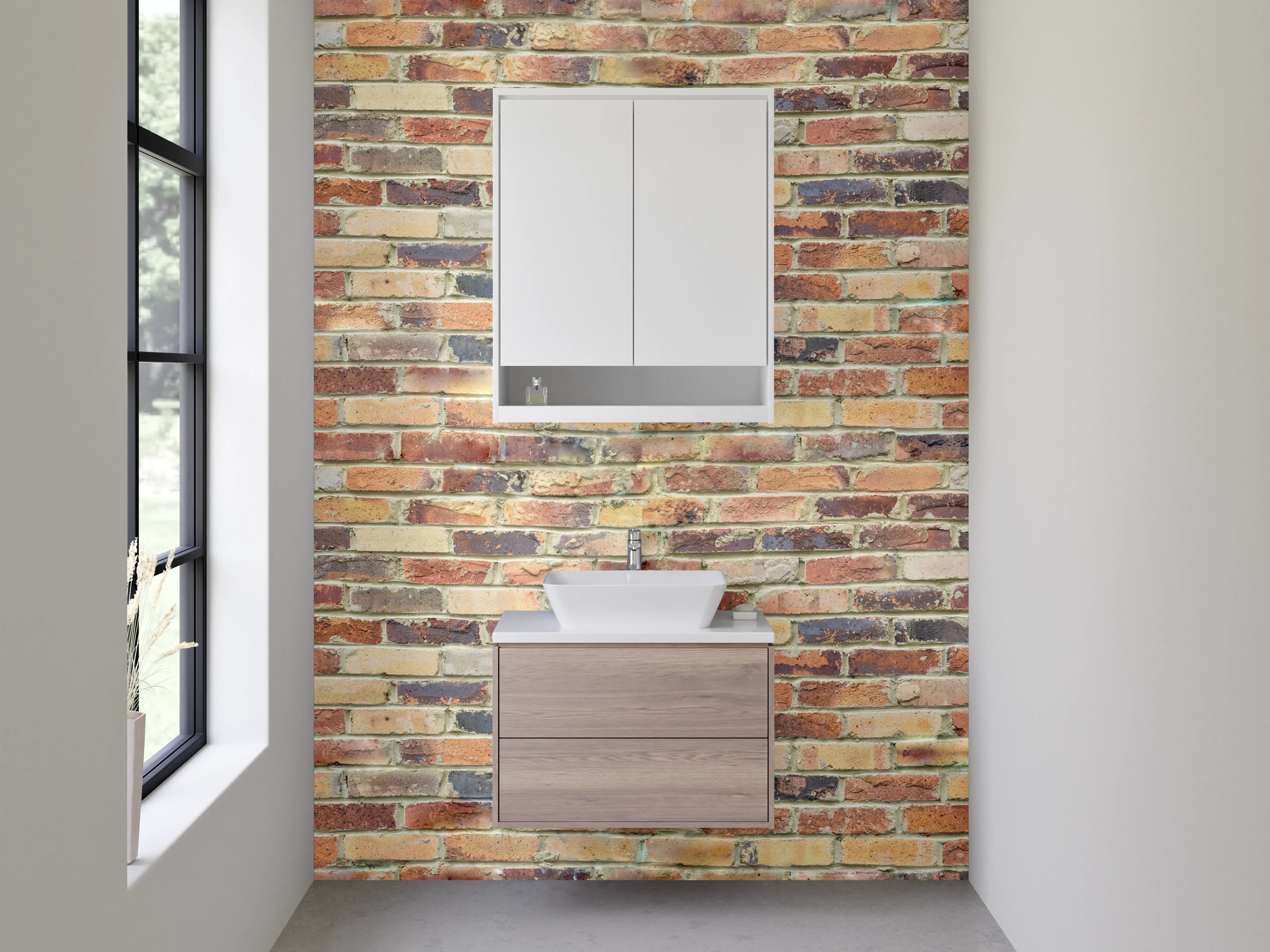 Waschbecken-Rückwand - Rustikale Backsteinwand mit warmen Tönen