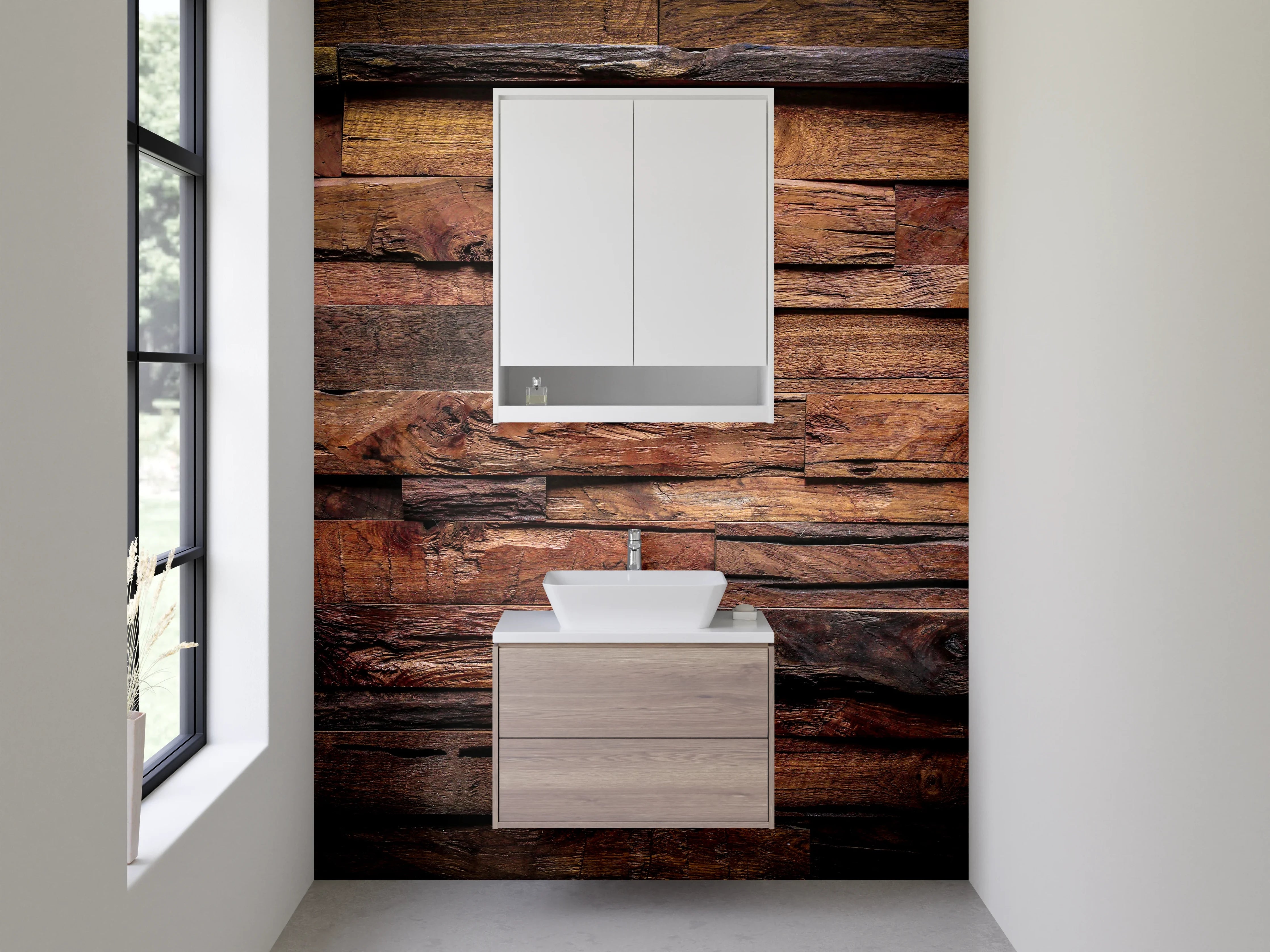 Waschbecken-Rückwand - Rustikale Holz-Wandverkleidung Braun