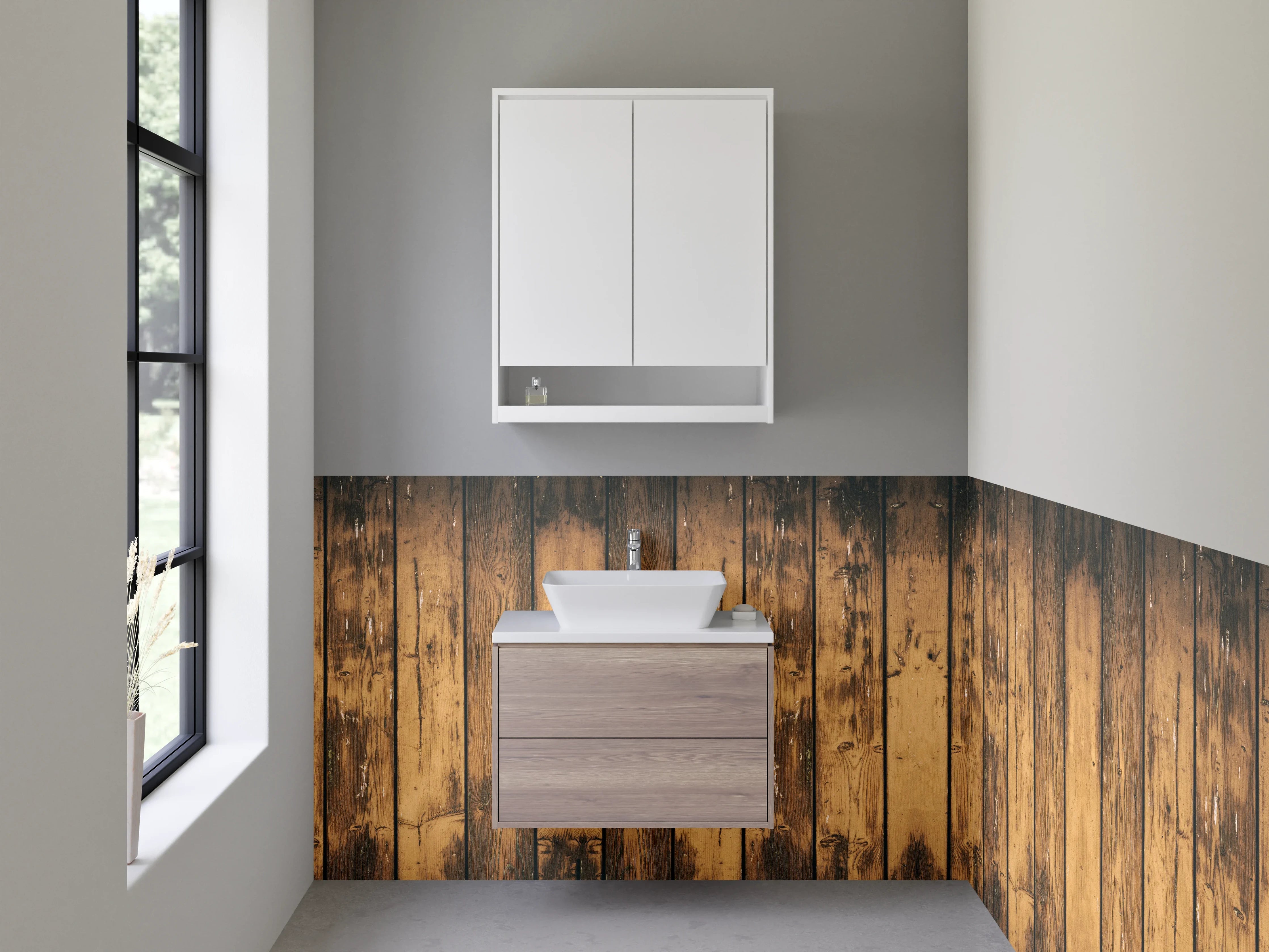 Waschbecken-Rückwand - Rustikale Holzbohlen Optik Braun