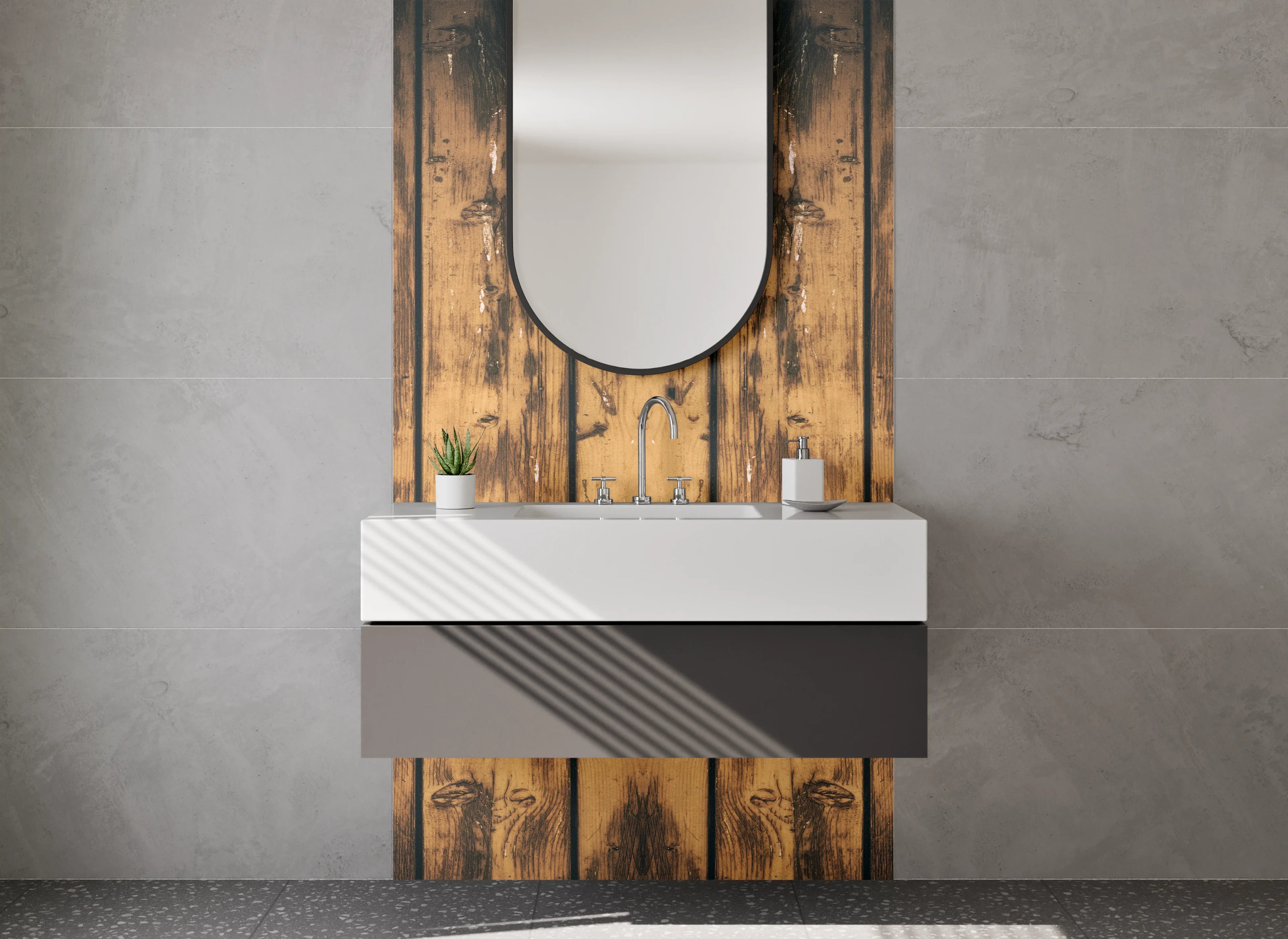 Waschbecken-Rückwand - Rustikale Holzbohlen Optik Braun