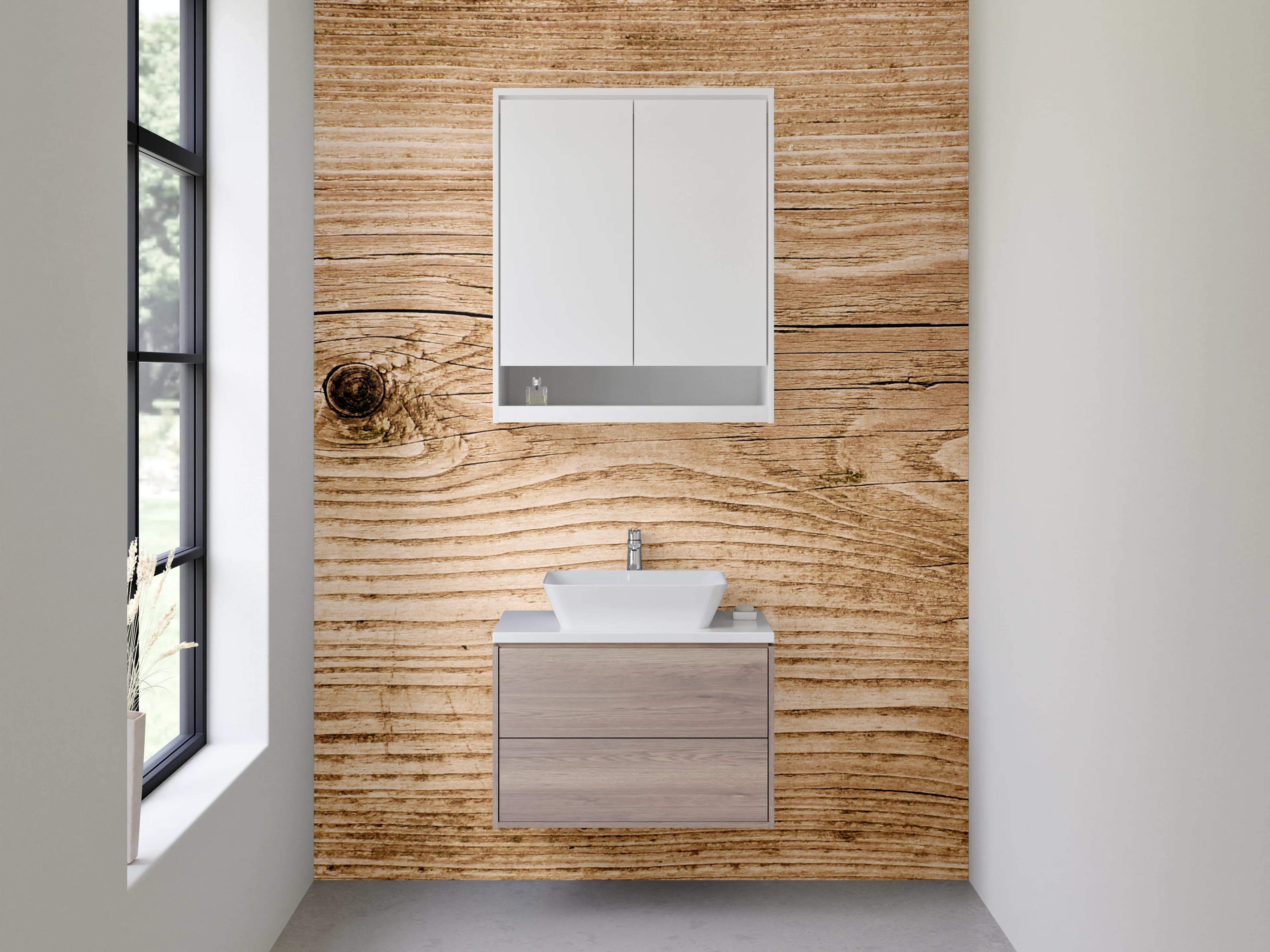 Waschbecken-Rückwand - Rustikale Holzbohlen-Optik Wanddekor