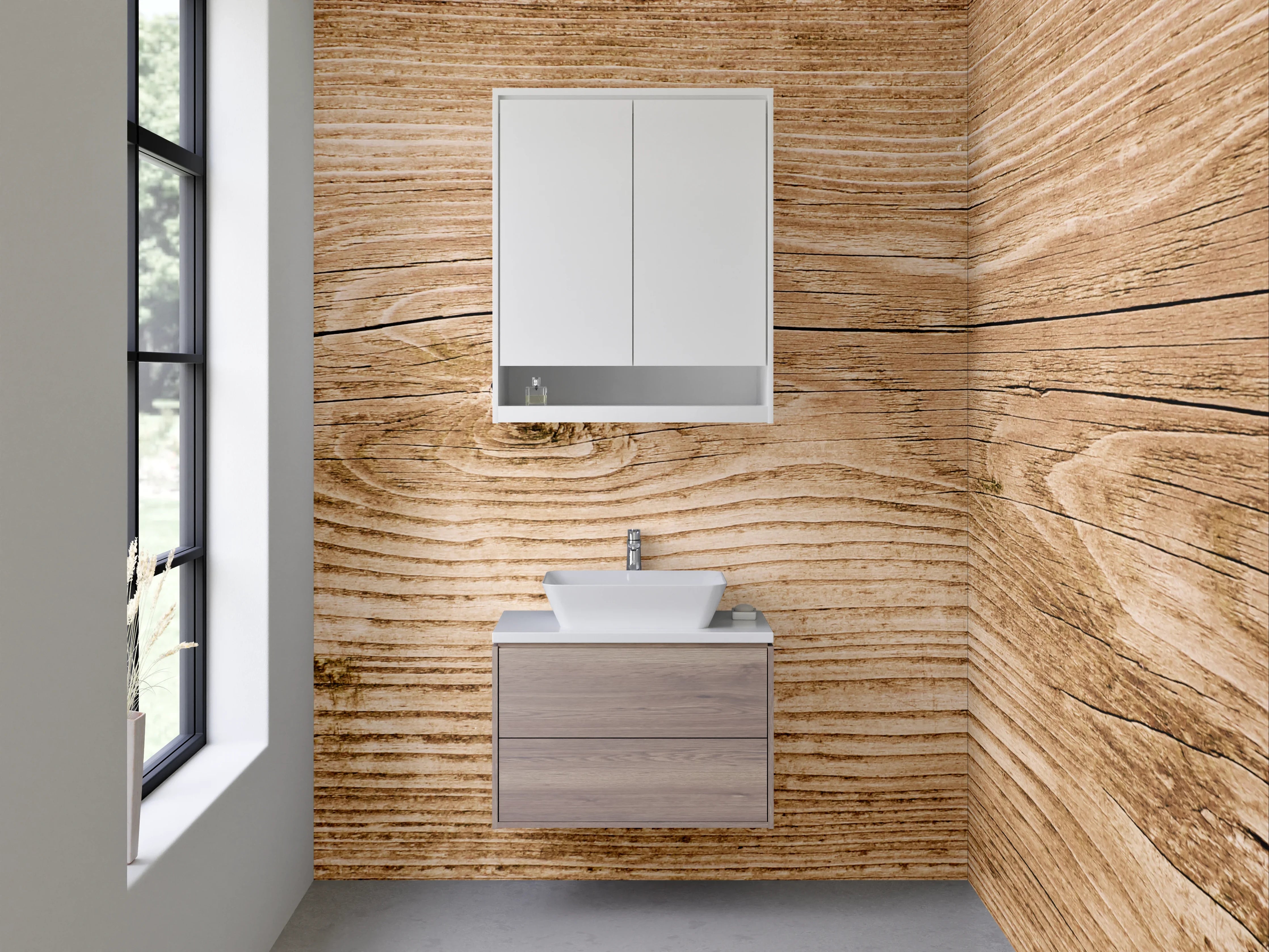 Waschbecken-Rückwand - Rustikale Holzbohlen-Optik Wanddekor