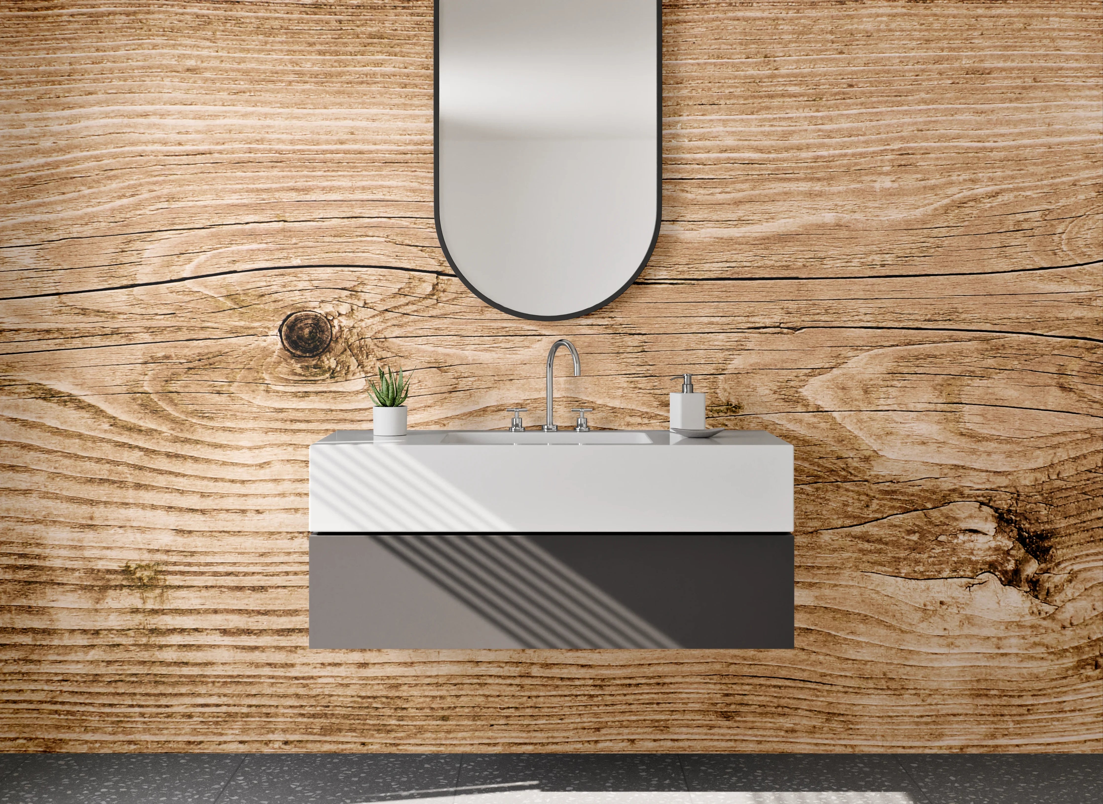 Waschbecken-Rückwand - Rustikale Holzbohlen-Optik Wanddekor