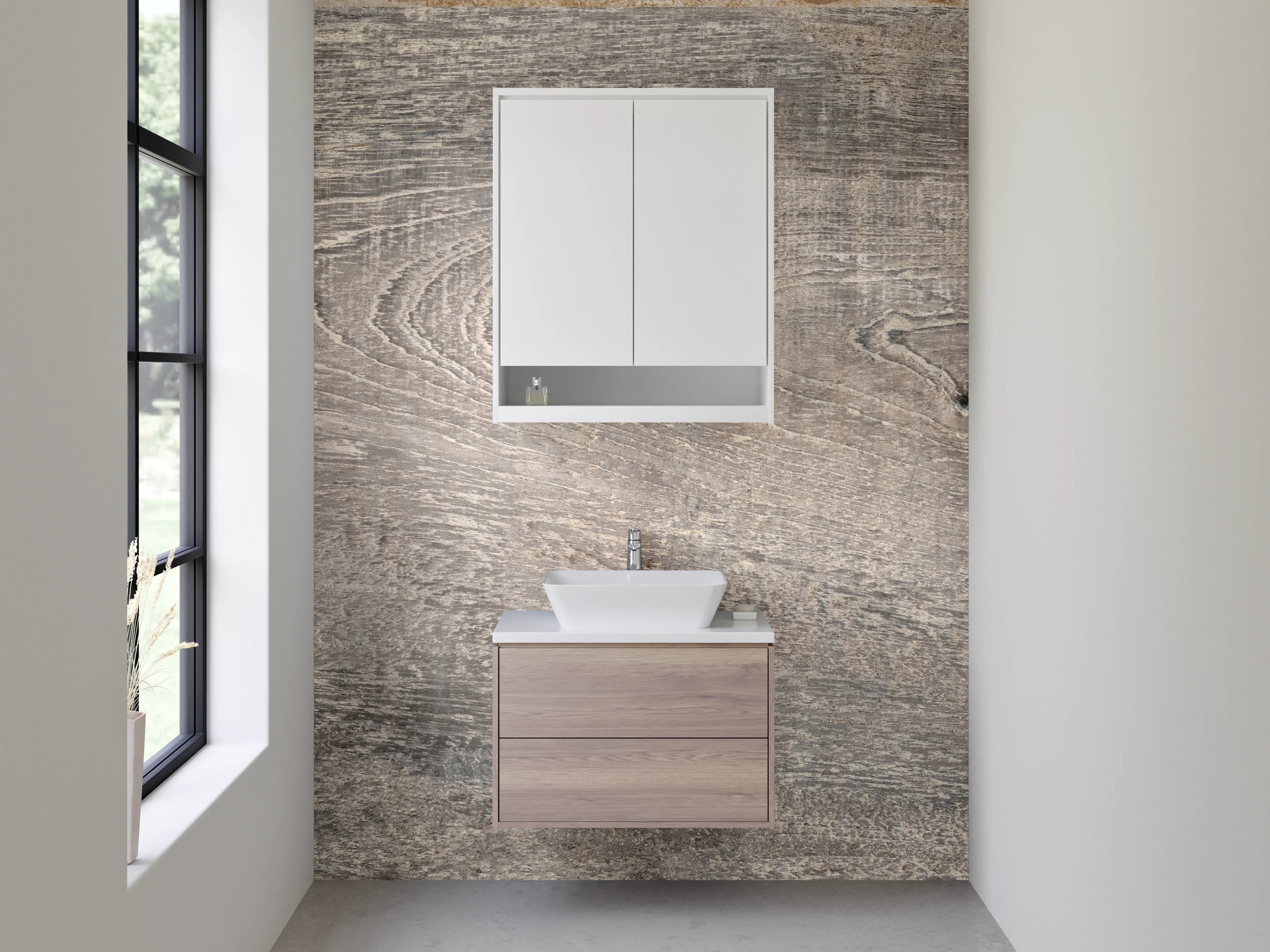 Waschbecken-Rückwand - Rustikale Holzoptik in Grau-Beige
