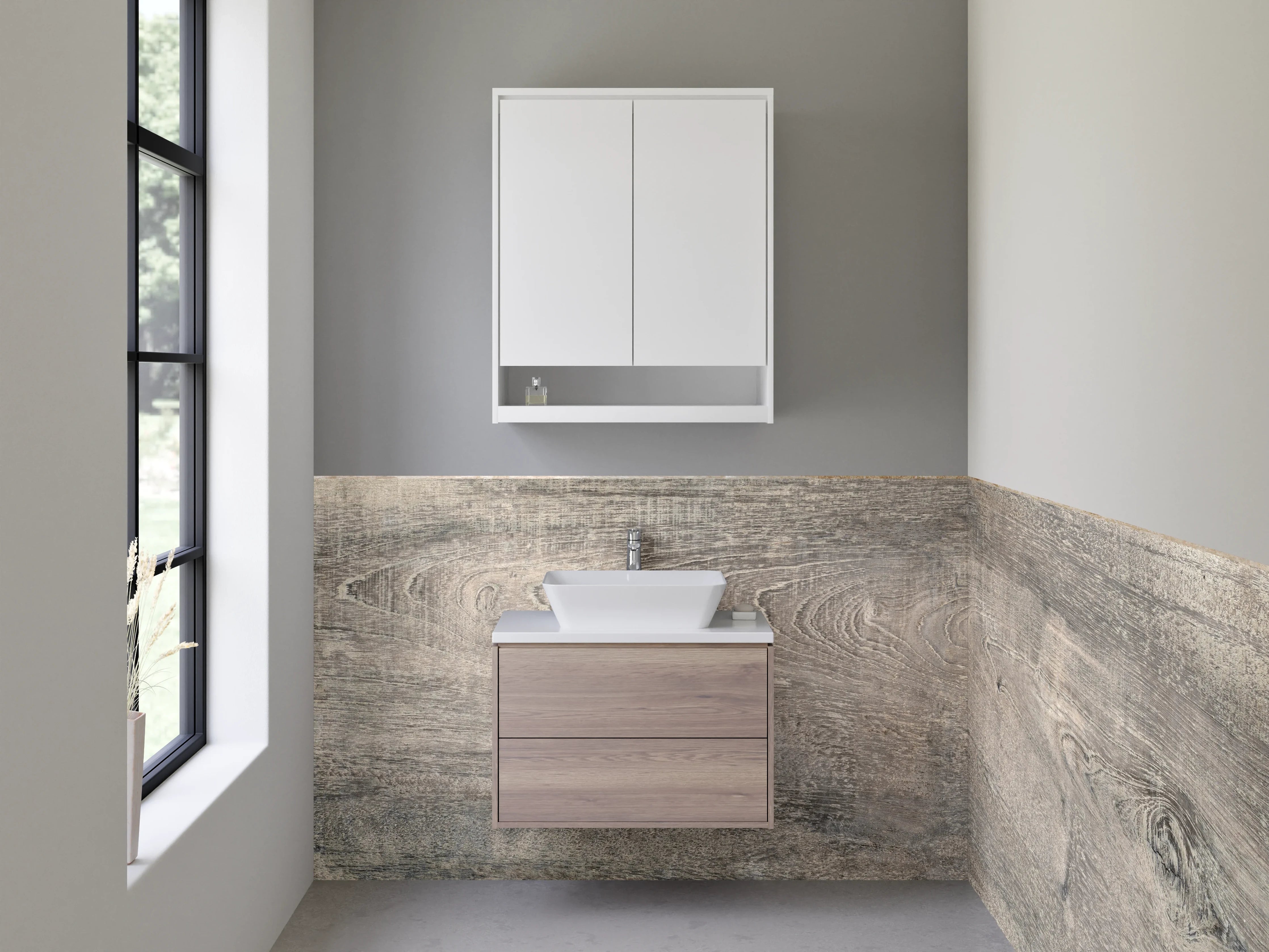 Waschbecken-Rückwand - Rustikale Holzoptik in Grau-Beige