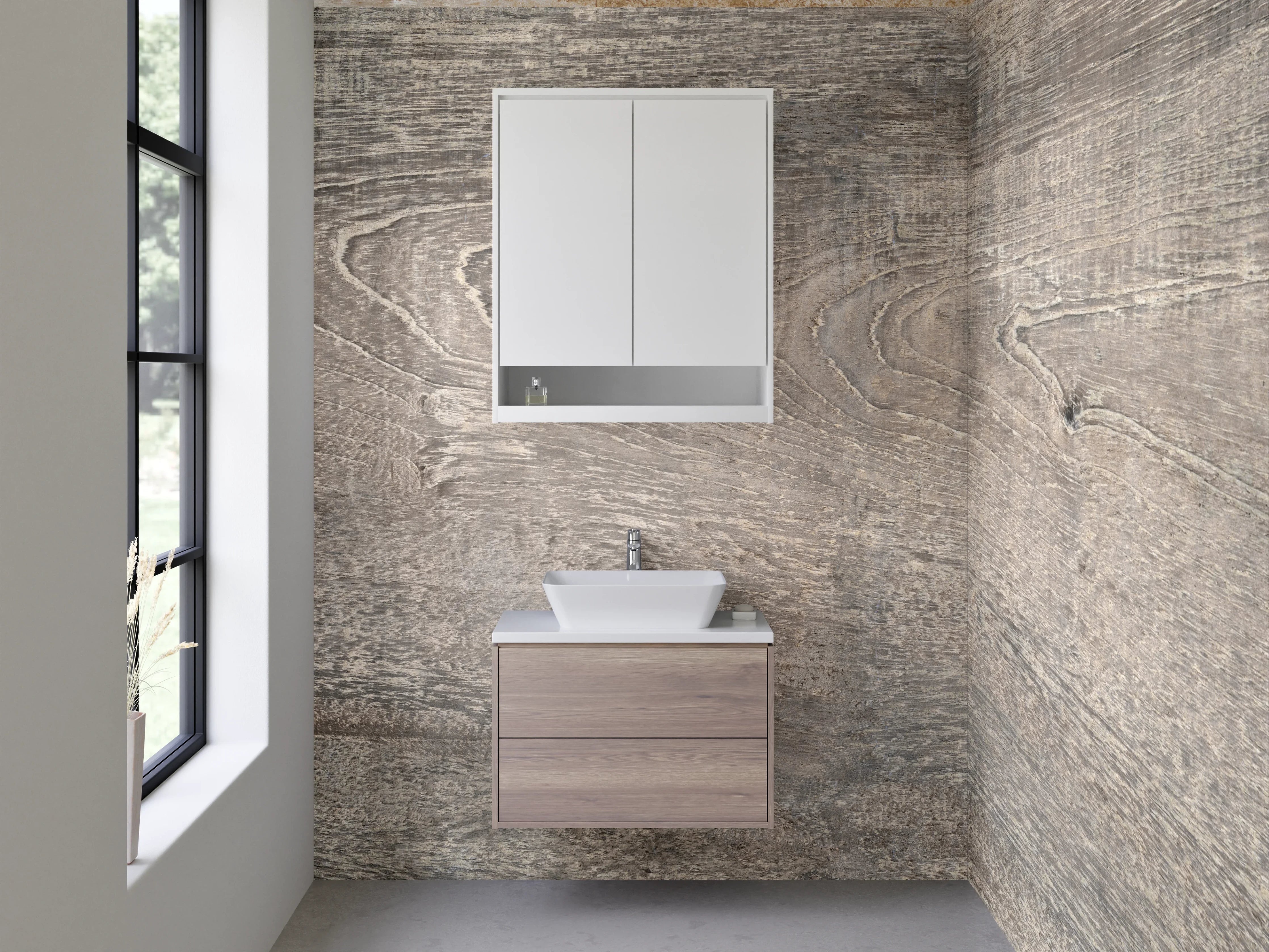 Waschbecken-Rückwand - Rustikale Holzoptik in Grau-Beige