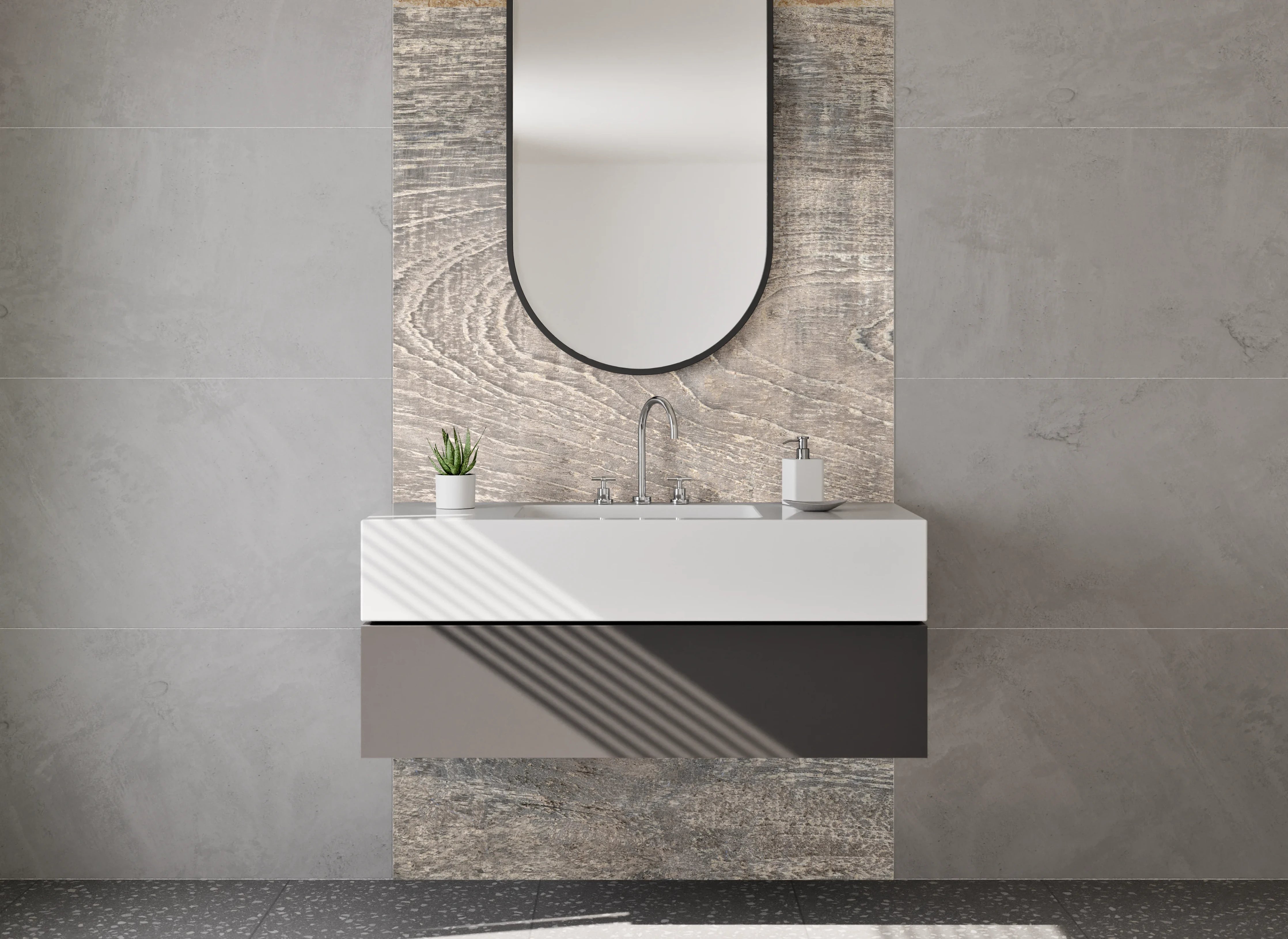 Waschbecken-Rückwand - Rustikale Holzoptik in Grau-Beige
