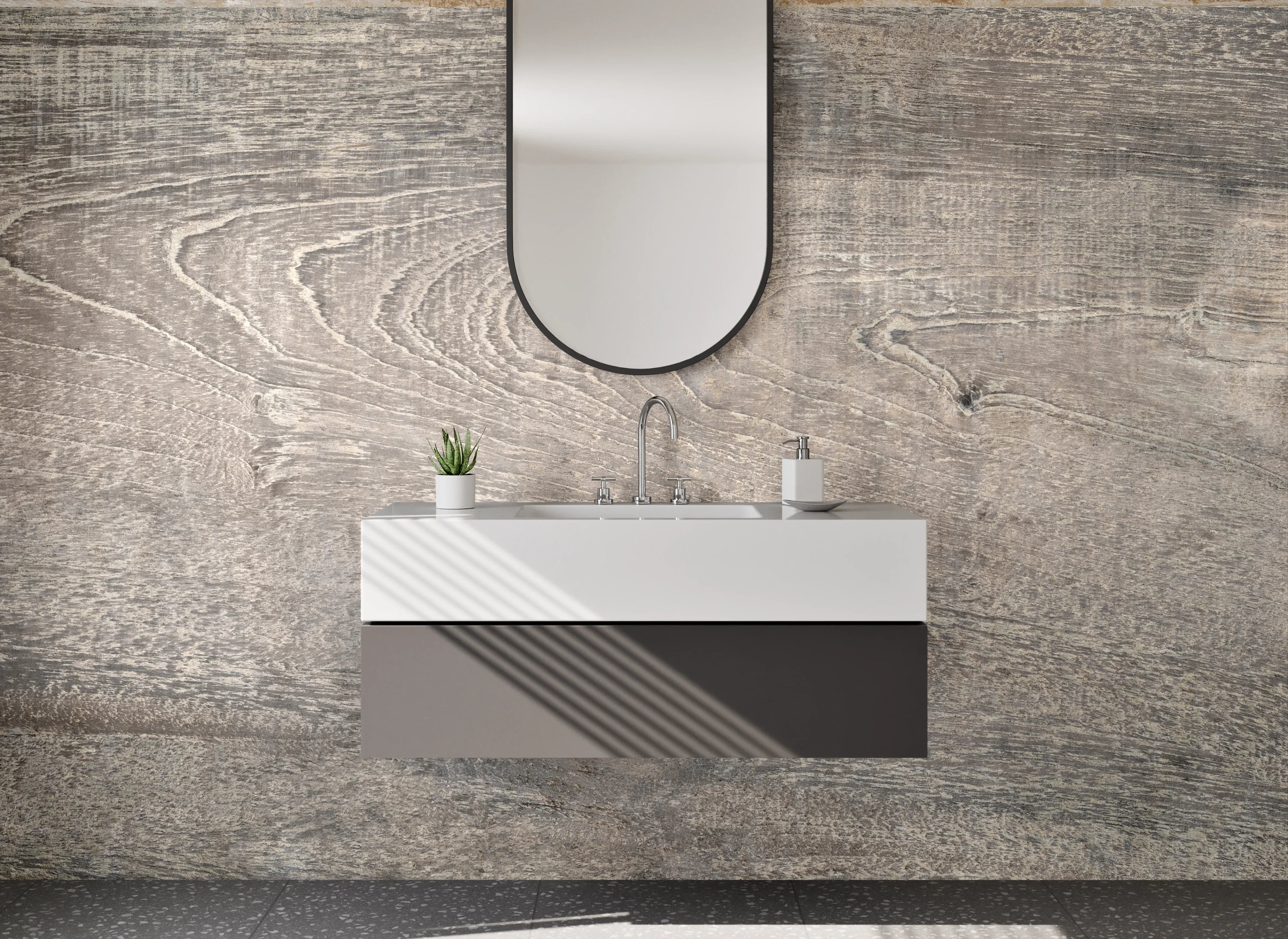Waschbecken-Rückwand - Rustikale Holzoptik in Grau-Beige