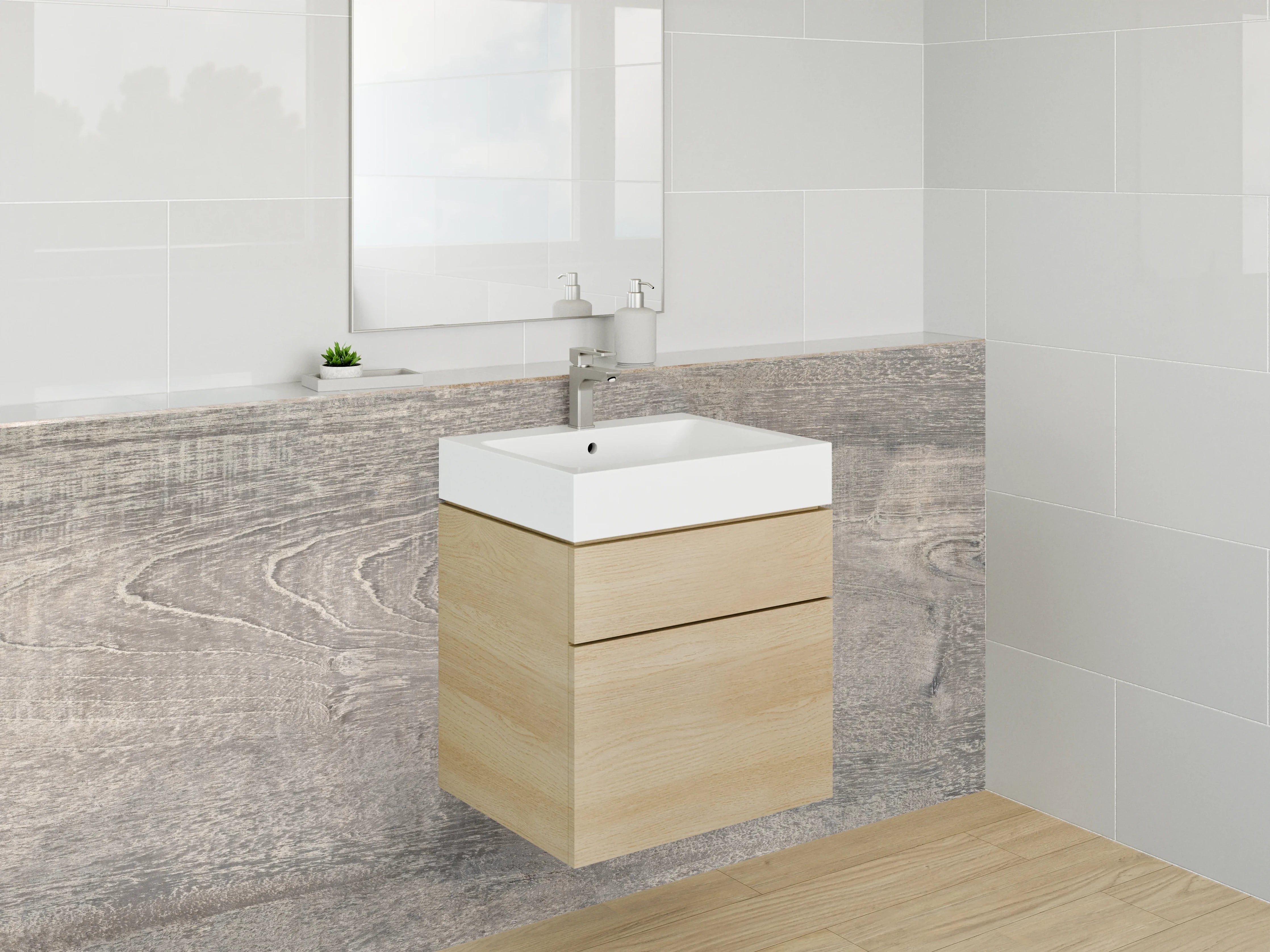 Waschbecken-Rückwand - Rustikale Holzoptik in Grau-Beige