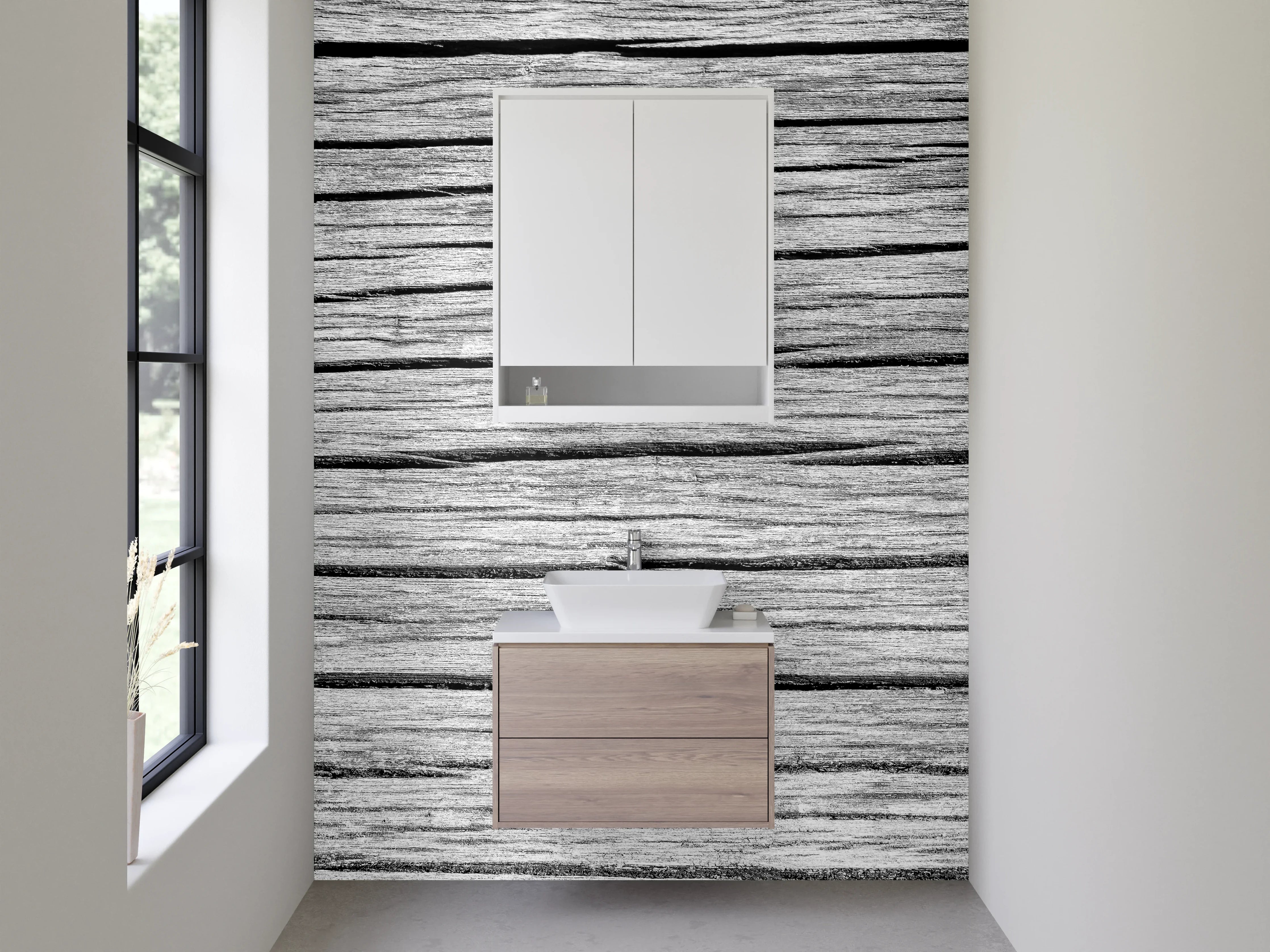 Waschbecken-Rückwand - Rustikale Holzoptik in Schwarz-Weiß