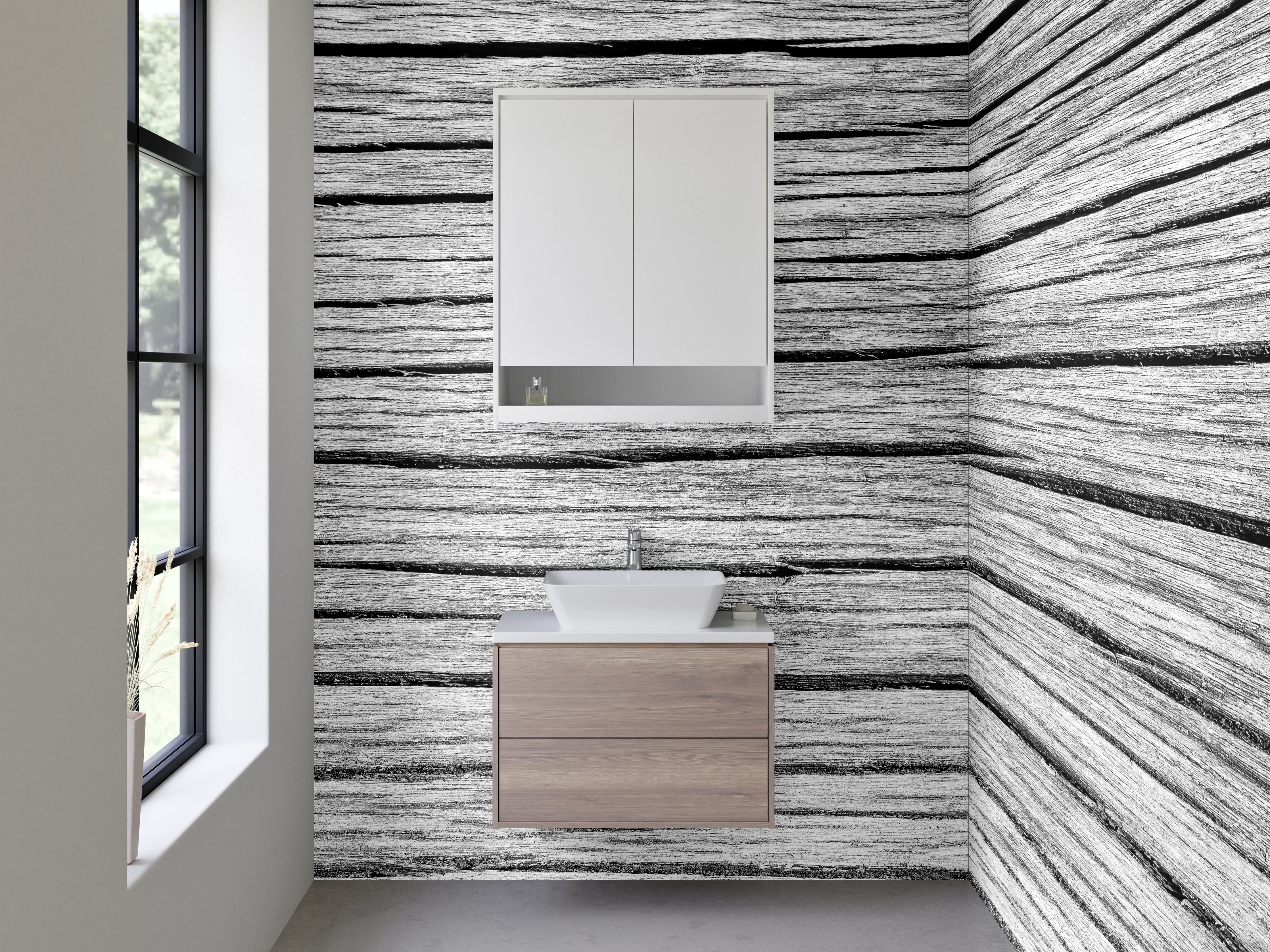 Waschbecken-Rückwand - Rustikale Holzoptik in Schwarz-Weiß