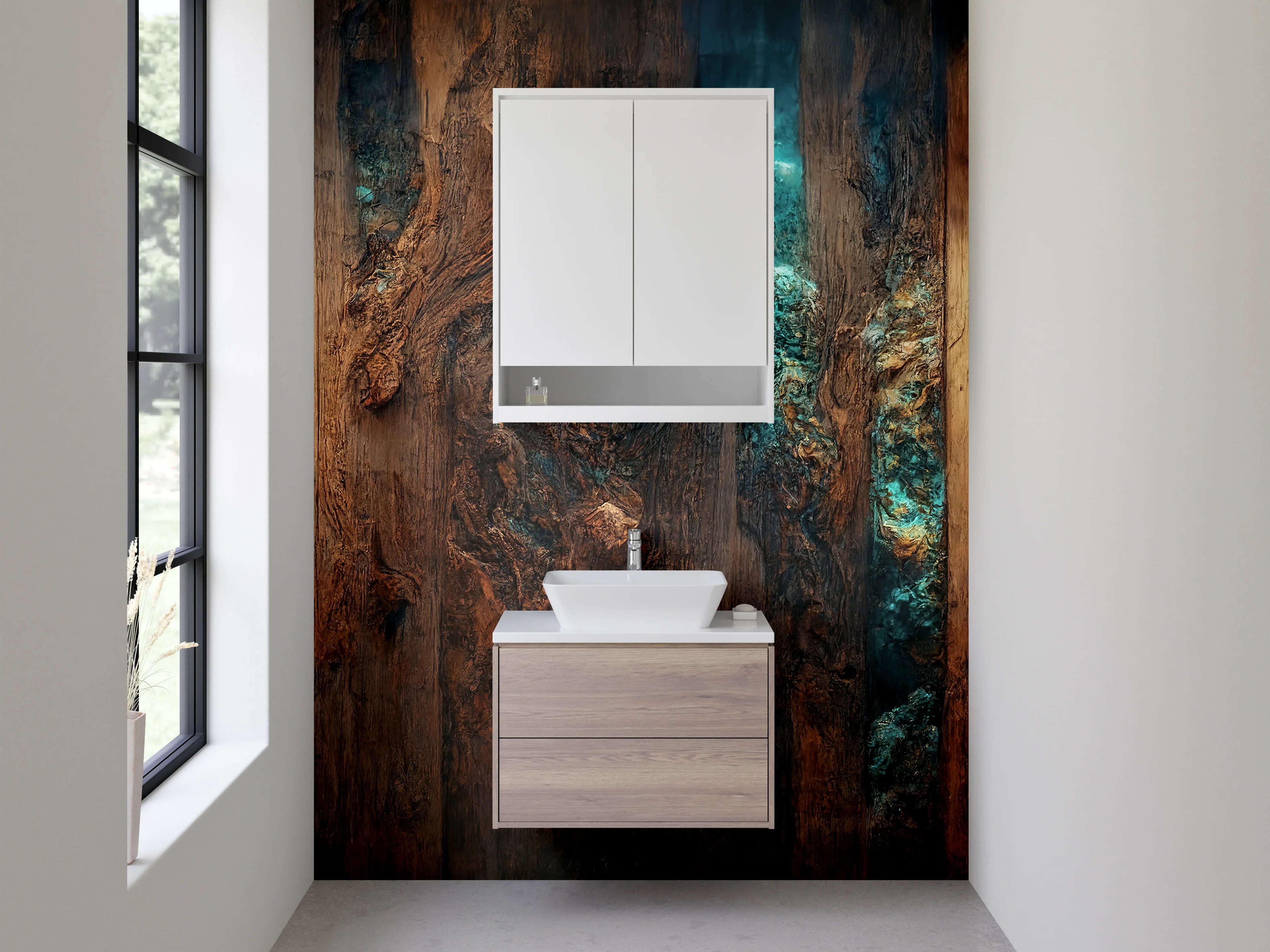 Waschbecken-Rückwand - Rustikale Holzoptik mit blauen Akzenten