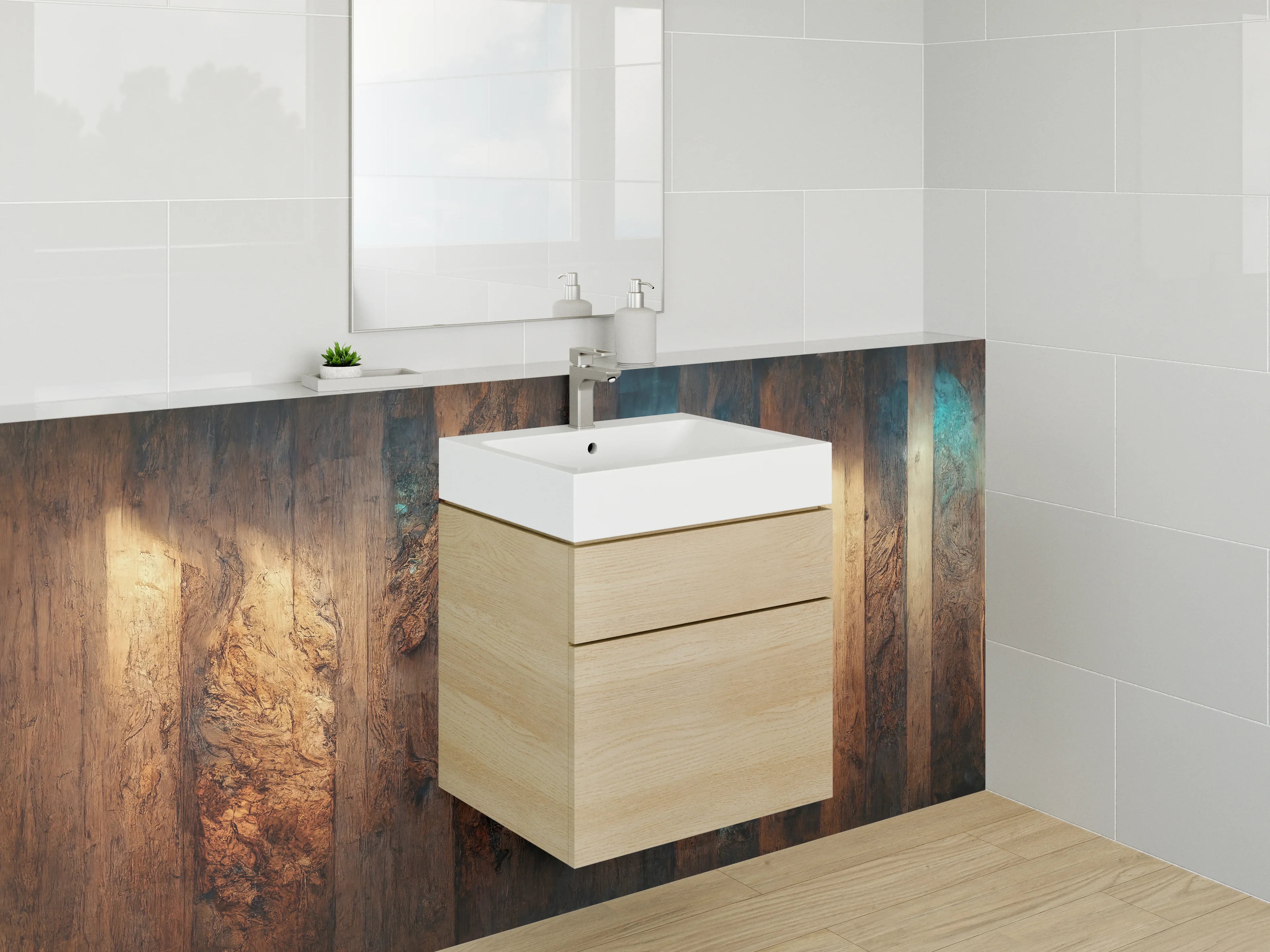 Waschbecken-Rückwand - Rustikale Holzoptik mit blauen Akzenten