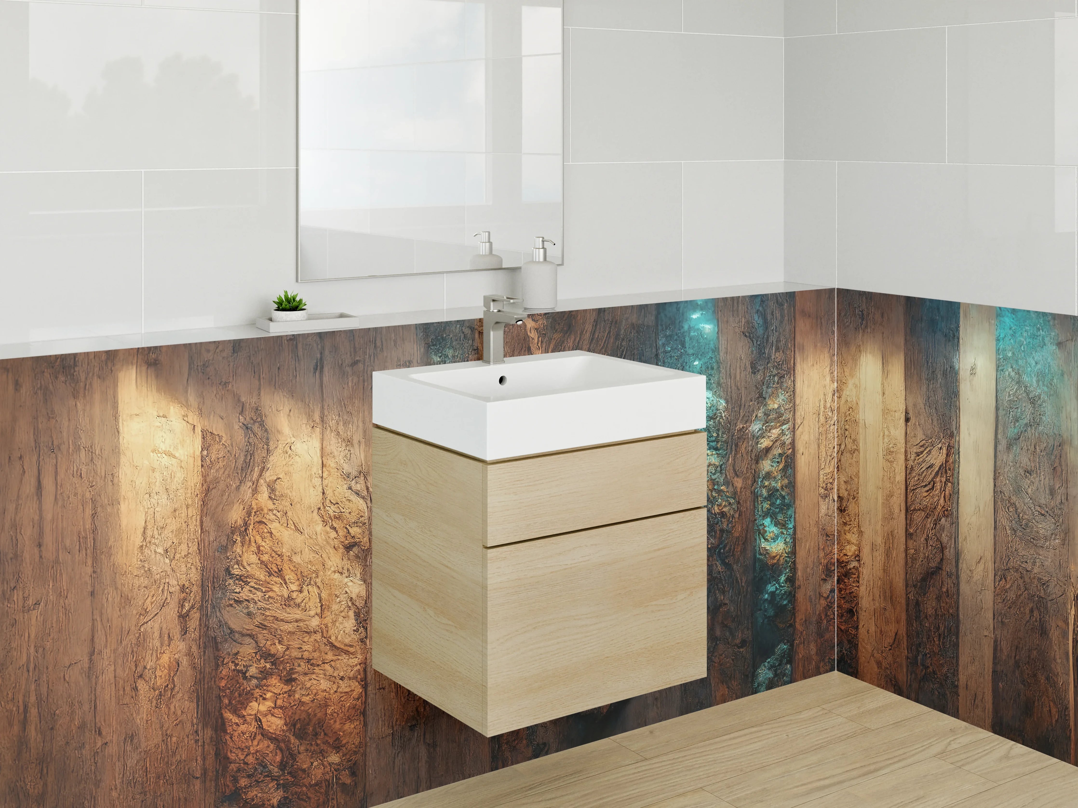 Waschbecken-Rückwand - Rustikale Holzoptik mit blauen Akzenten